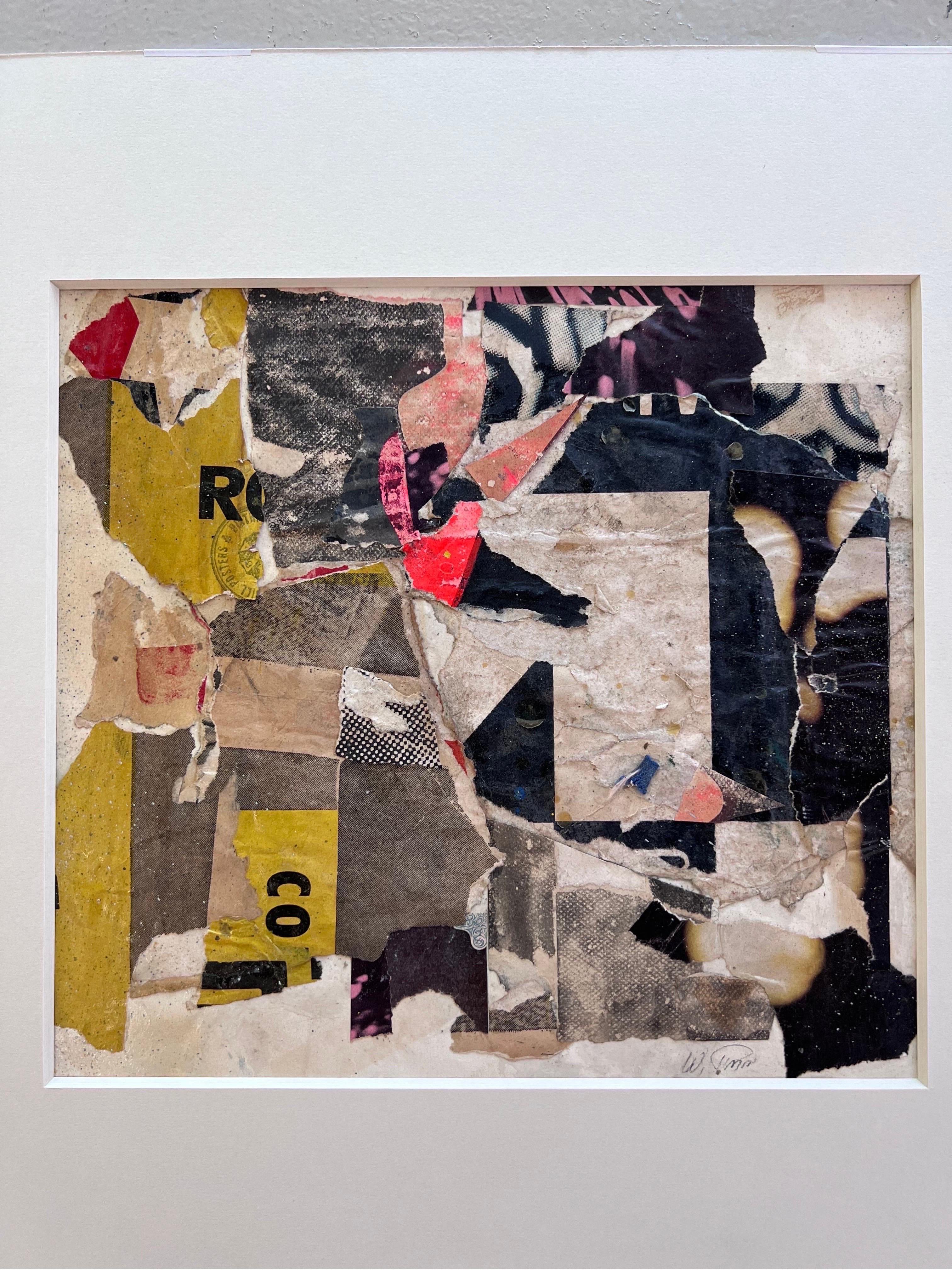 Vintage Paper and Adhesive collage by Wayne Timm. (Mat opening) or Image measures 11 3/4 x 12.5 in. 

In the 1960's, Wayne Timm rubbed elbows with the likes of Warhol, Lichtenstein, Rauchenburg and many others, in the time he had an Art studio loft