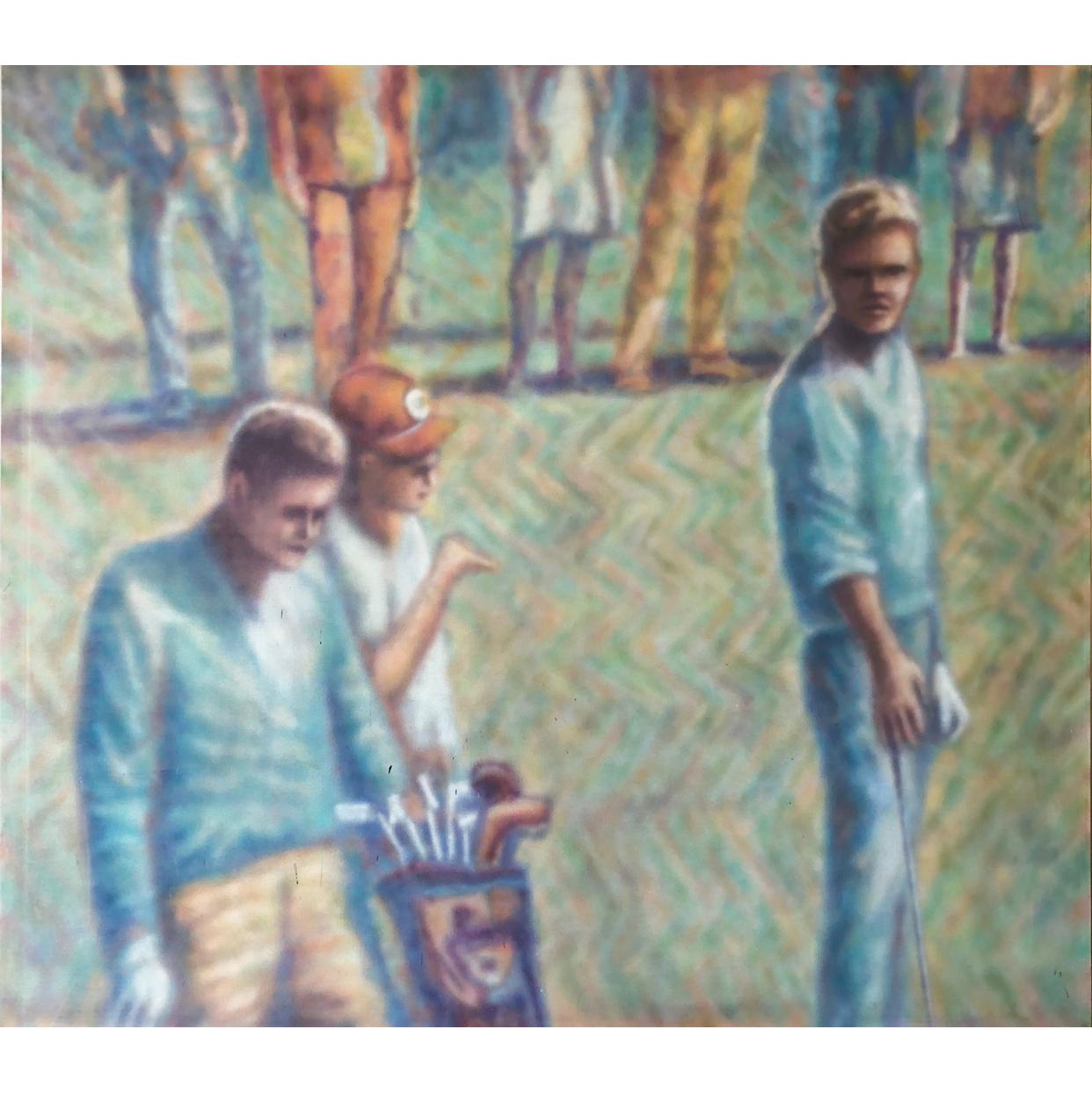 Wayne Timm Figurative Painting – Großes großes Vintage-Gemälde mit dem Titel: „Guten Tag Arnie“