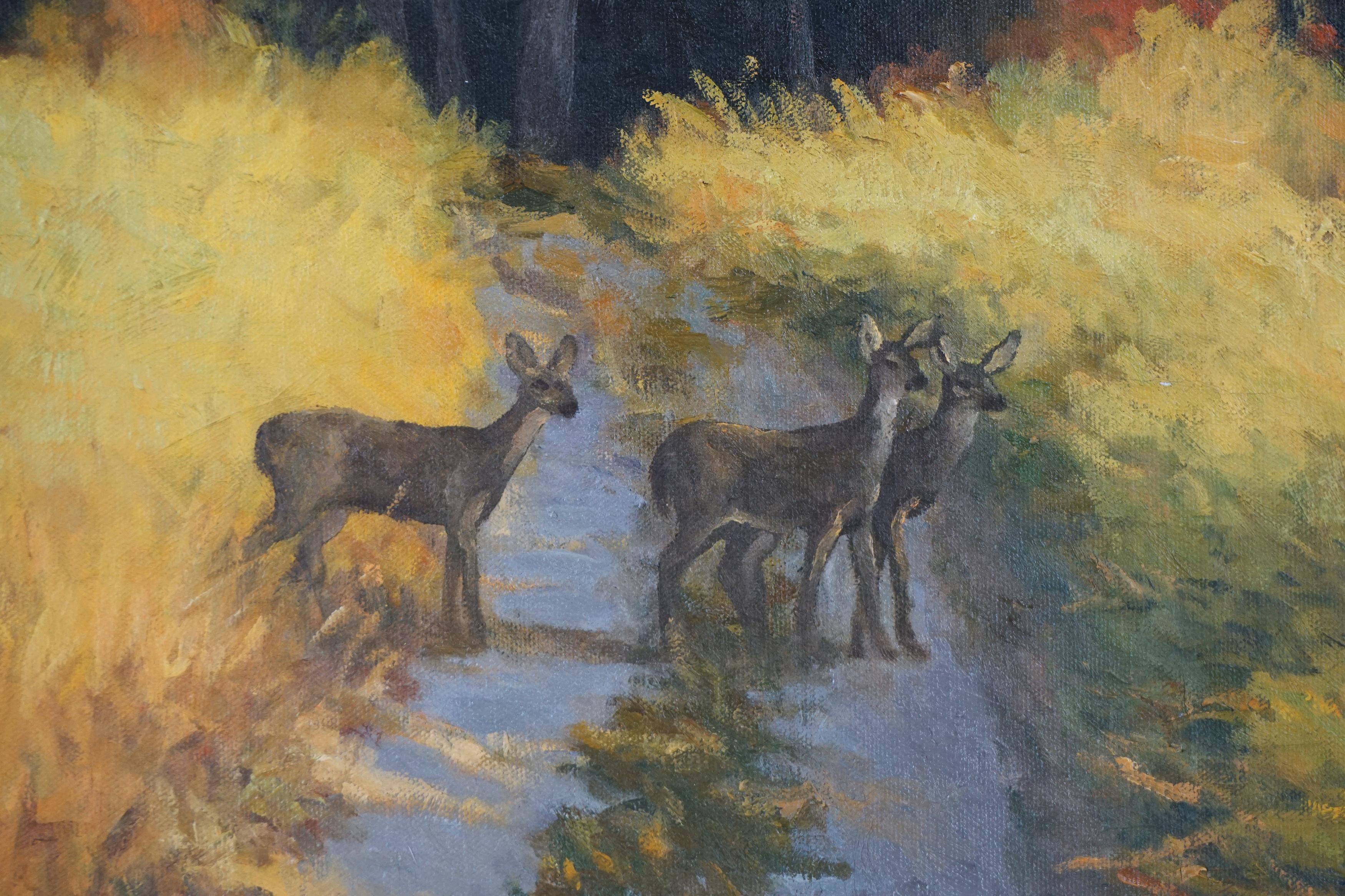 Carmel Valley, California Autumnal Landscape with Deer in Meadow - American Impressionist Painting by Wayne Weberbauer