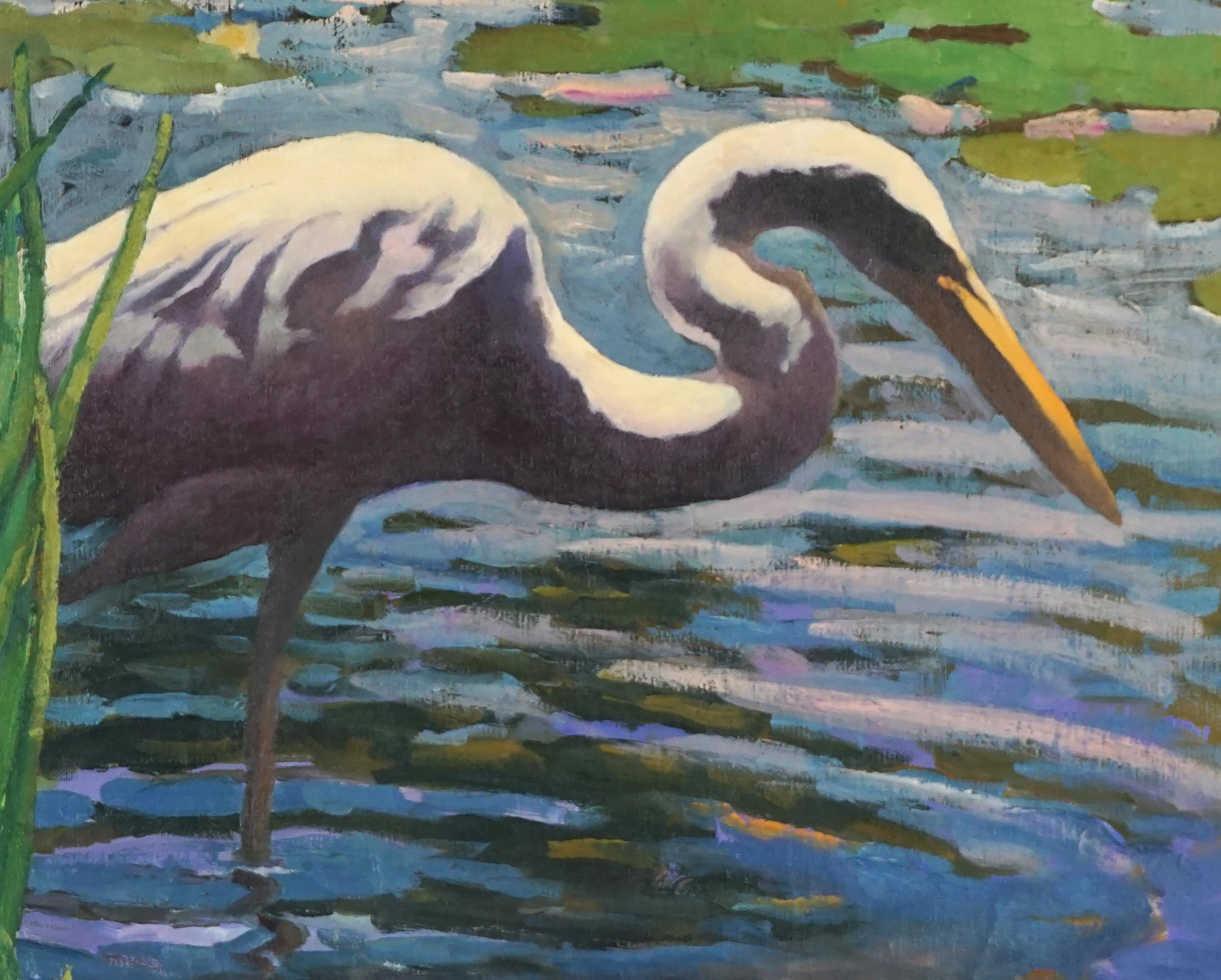 Impressionist Heron With Water Lilies and Irises - Painting by Wayne Weberbauer