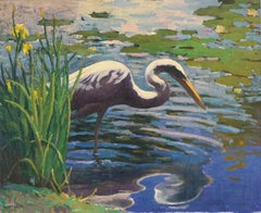 Impressionist Heron With Water Lilies and Irises