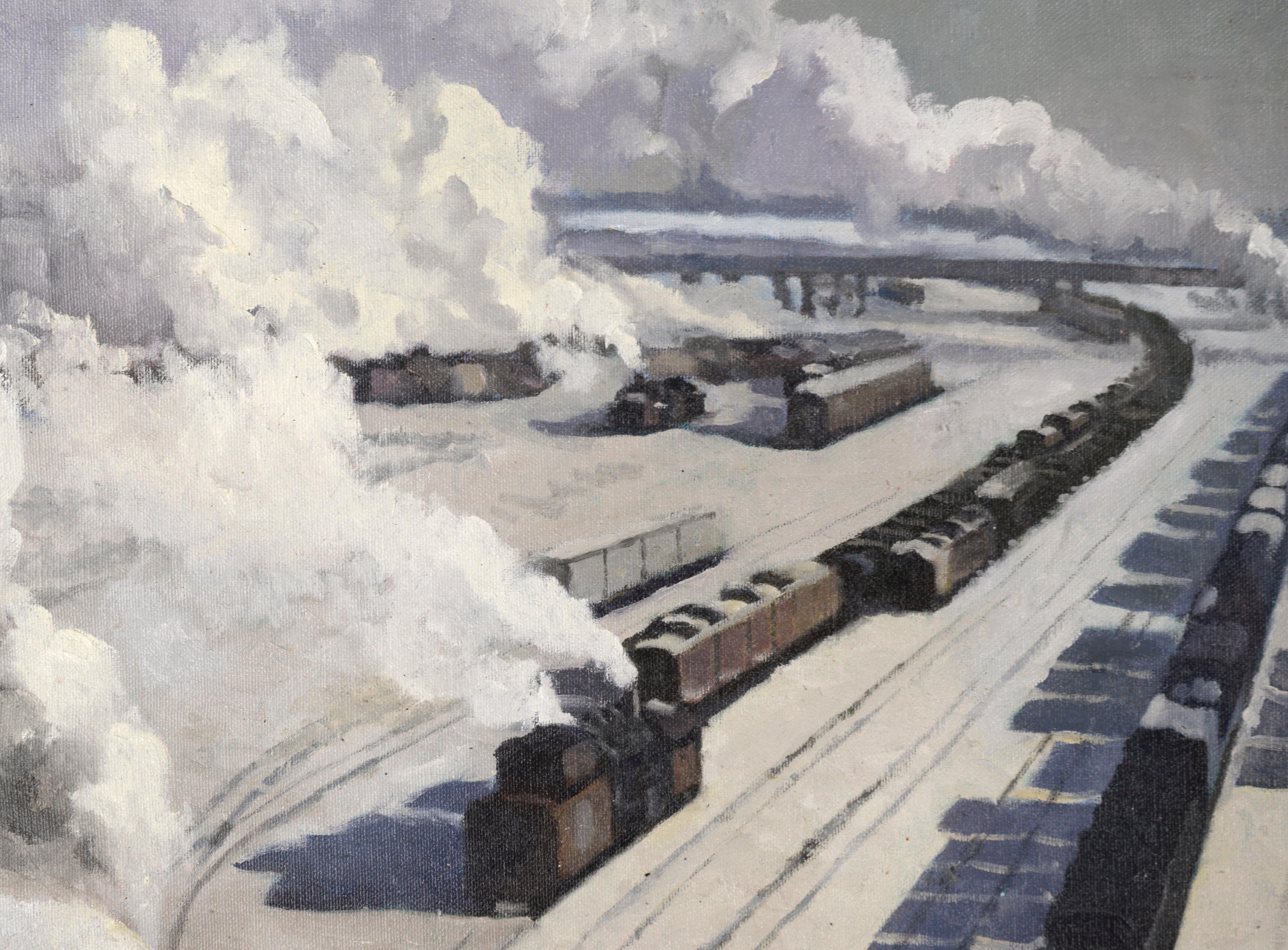 Train Station in Winter - Industrial Landscape - Painting by Wayne Weberbauer