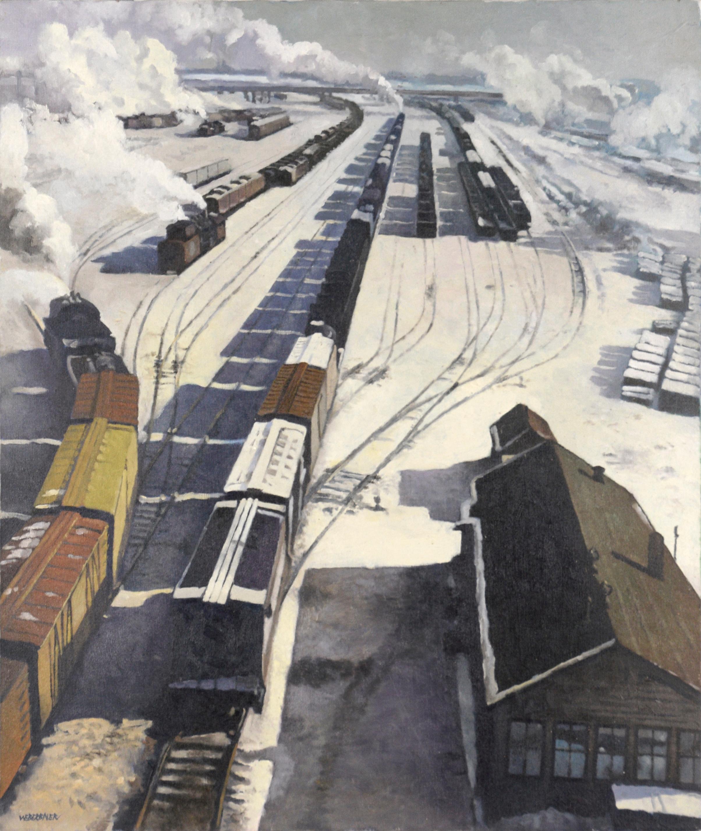 Wayne Weberbauer Landscape Painting - Train Station in Winter - Industrial Landscape