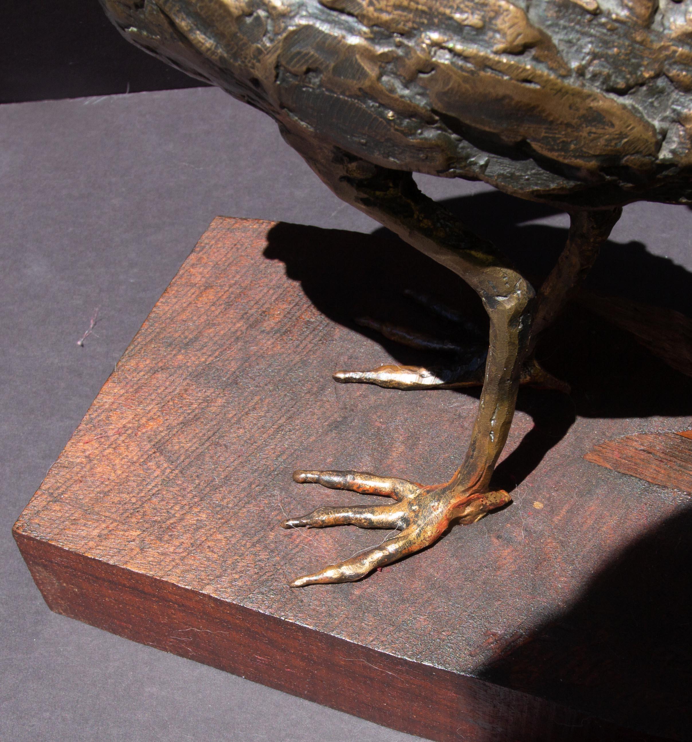 Garza de bronce del escultor estadounidense Wayne Williams. Firmado y fechado en 1993. Edición 2/2. Montada sobre una base de nogal. 
De la Revista Finger Lakes 2001:

El arte está por todas partes en los Finger Lakes. Inspirados por los diversos