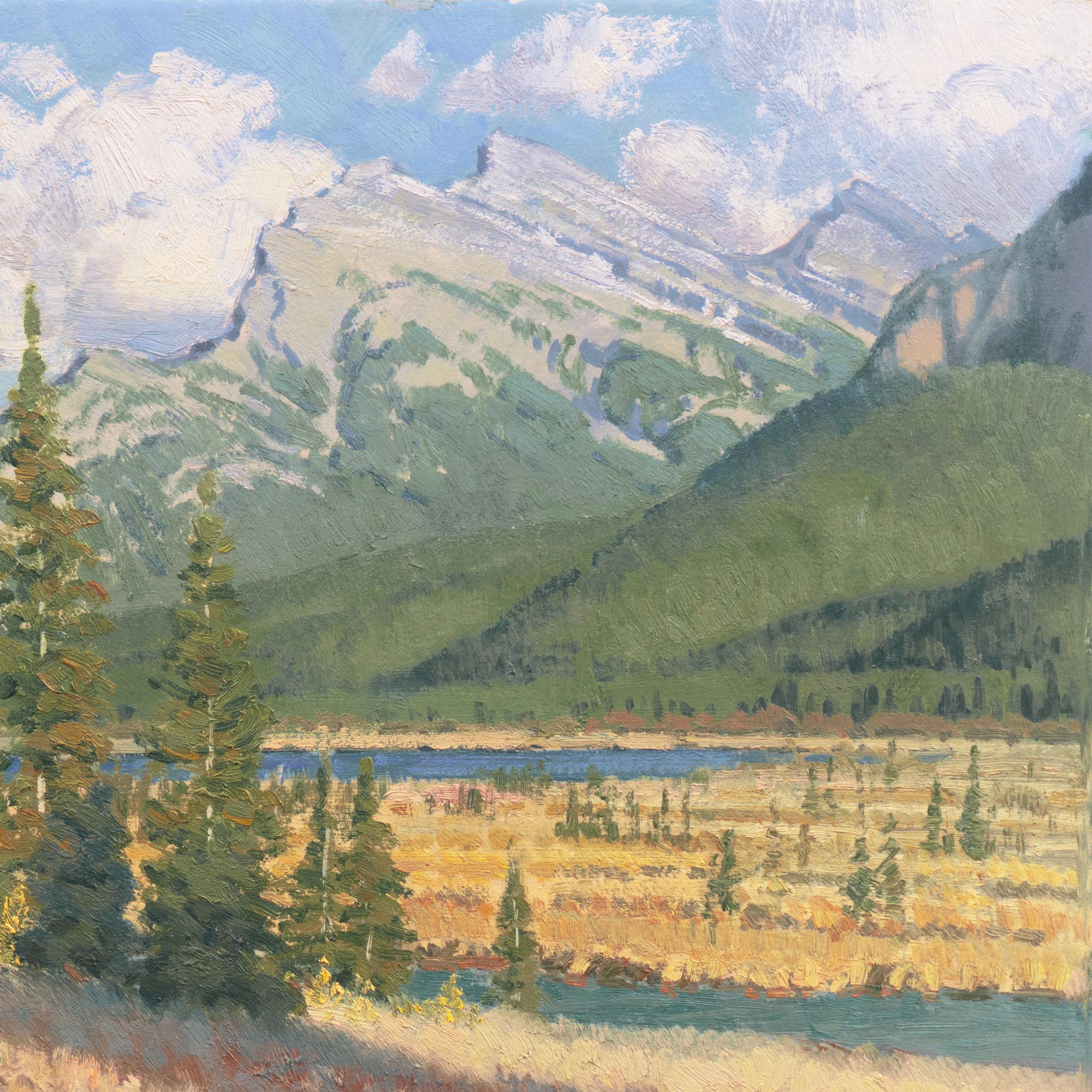 Signed lower right, 'Wayne E Wolfe' (American, born 1945), dated 1979 and titled verso, 'Mt. Rund'. 
Framed dimensions: 20 x 2 x 22.75 inches

A mountain landscape showing a view of the Vermilion lakes before Mt. Rundle in the Canadian Rockies.