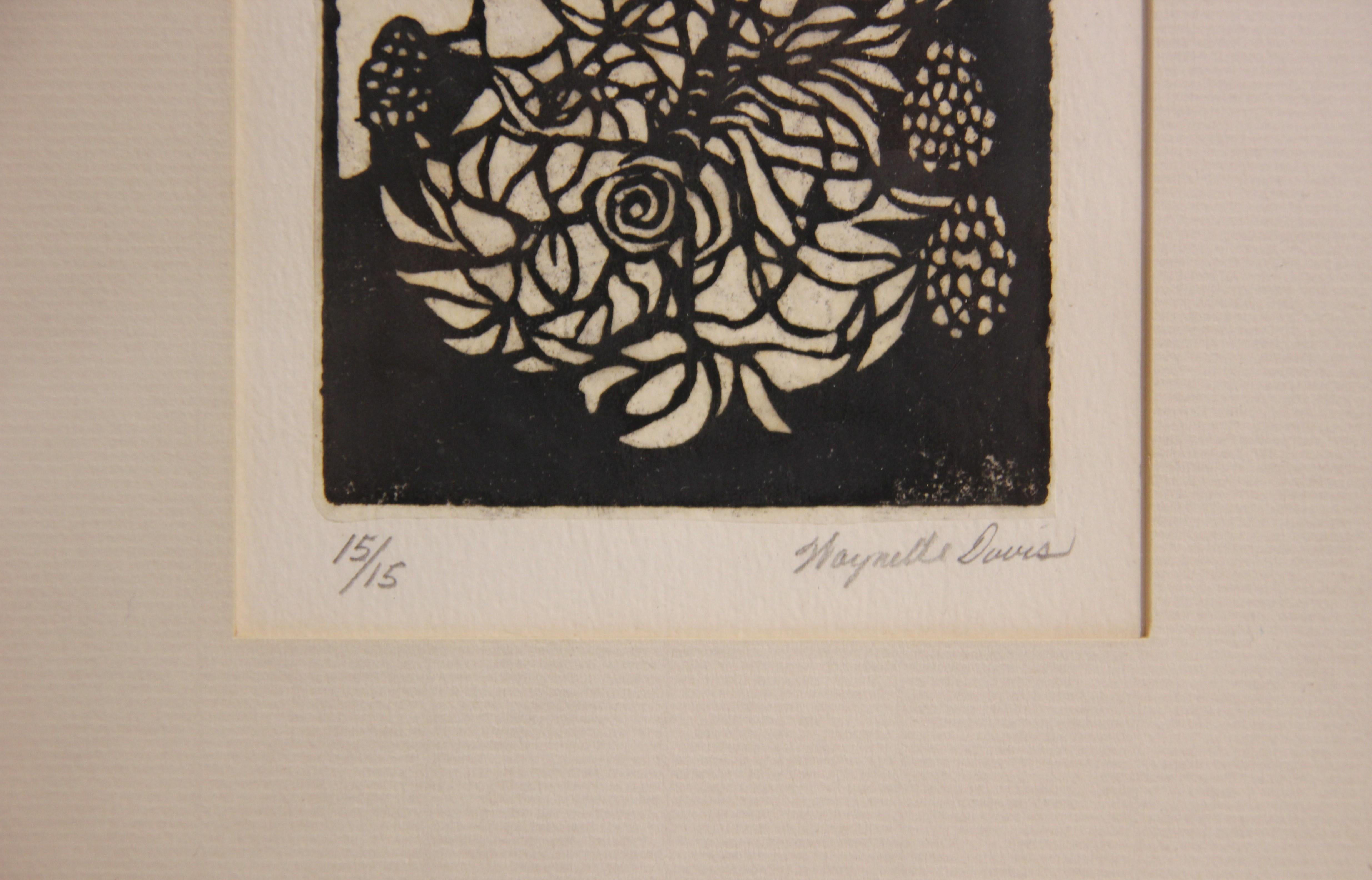 Abstract black and white floral still life lithograph print by Waynelle Davis. Editioned (15/15) and signed by the artist at the bottom of the print. Currently displayed in a black frame with a white matte. 

Dimensions Without Frame: H 5 in. x W