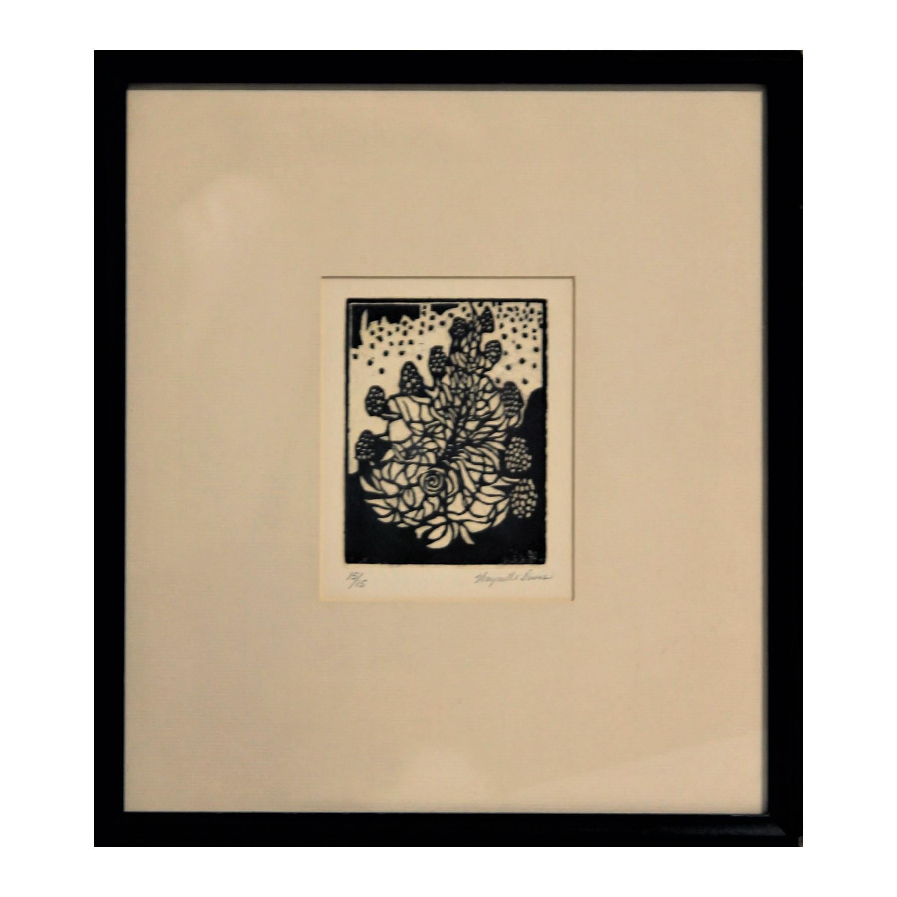 Waynelle Davis Still-Life Print - Abstract Black and White Floral Still Life Lithograph Print