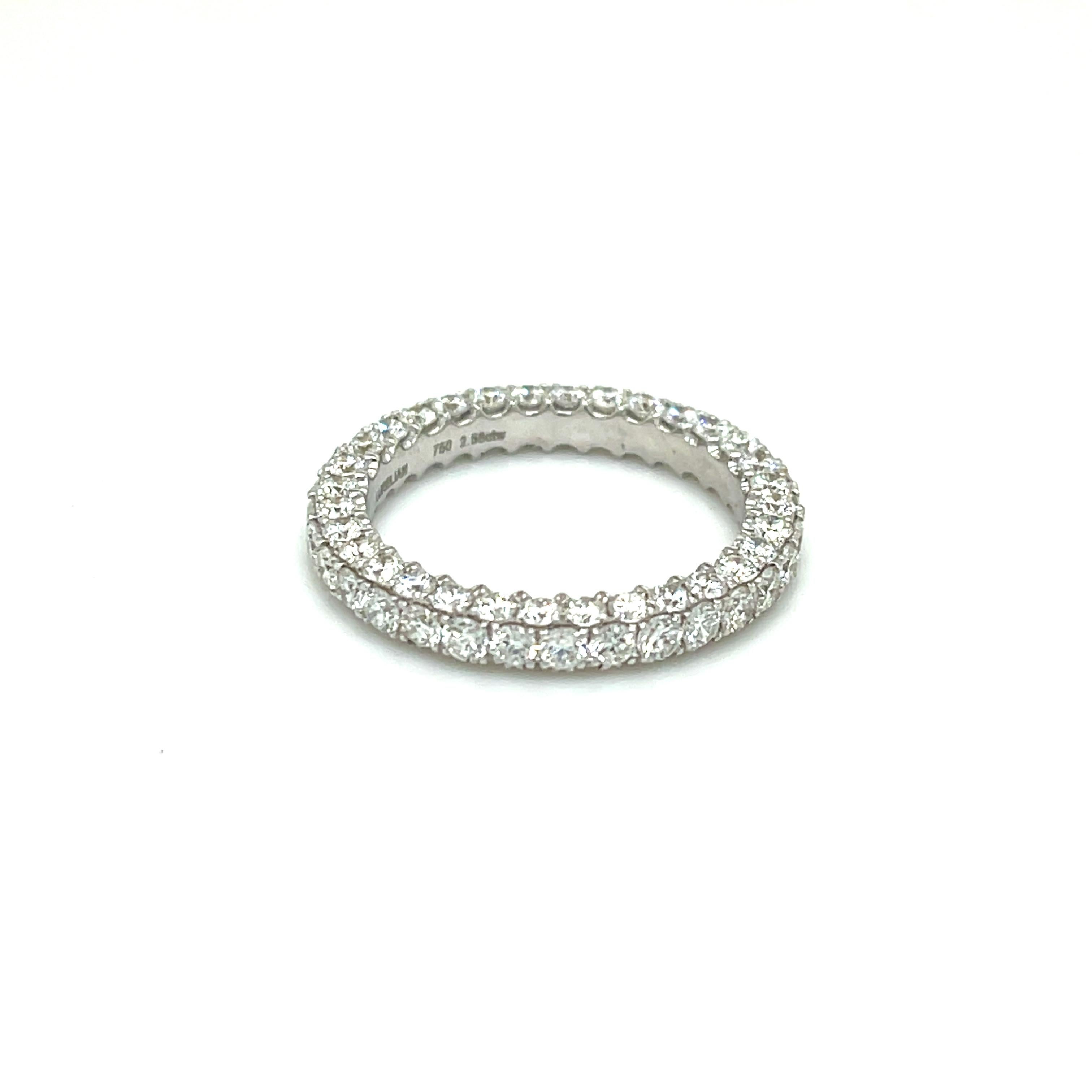 18KW 3 ROW WEDDING BAND WITH DIAMONDS
Metal: 18K White Gold
Diamond Info: H SI, 96 Round Brilliant Diamonds 
Total Diamond Weight: 2.56 cwt.
Item Weight:  3.18 gm
Ring Size:   6 (Not re-sizable)
Measurements:  2.95 mm x 2.60 mm

