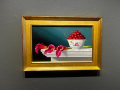 W.C. Nowell, "Cherries and Calla Lilies", 12x20 Floral Still Life Oil Painting