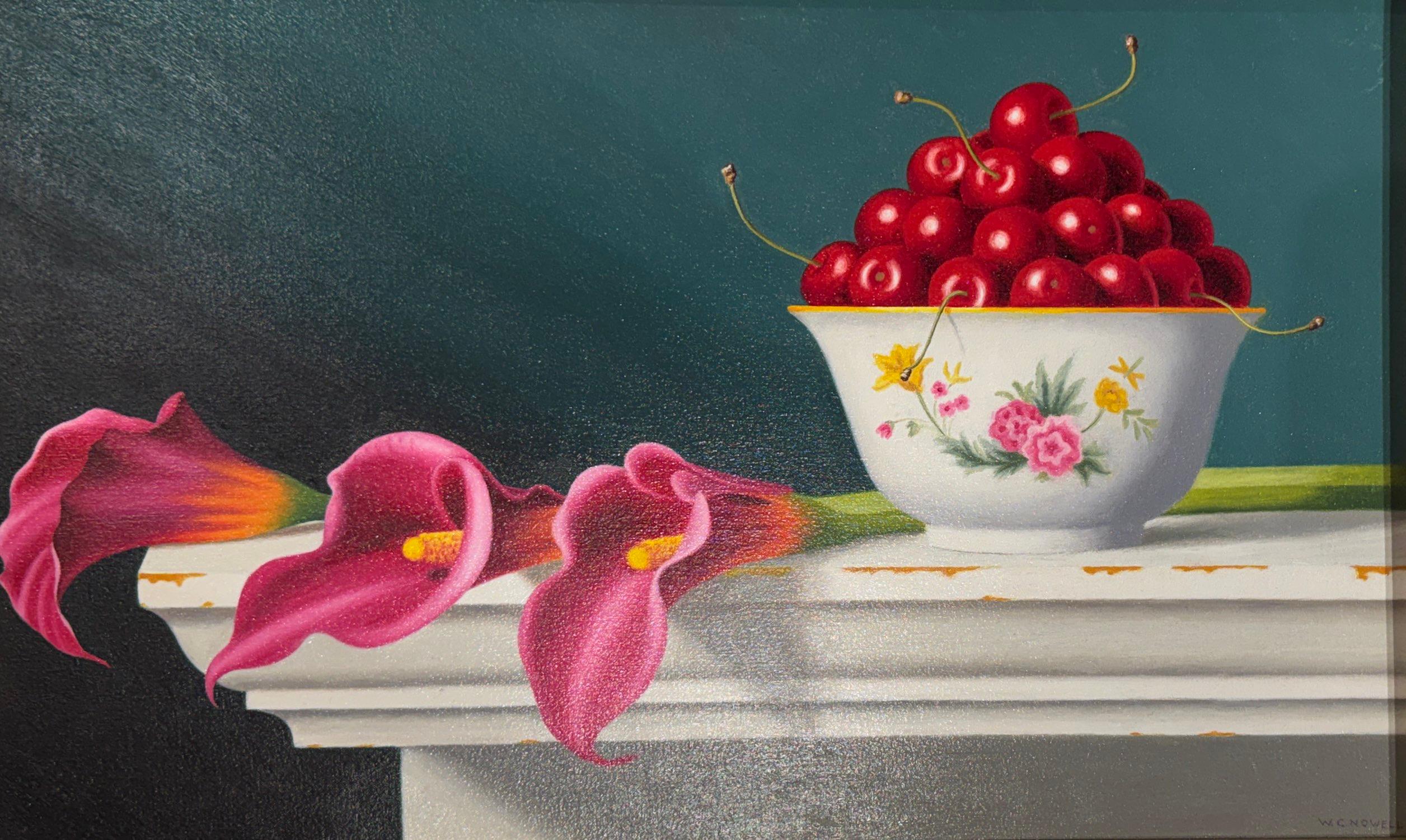 W.C. Nowell, "Cherries and Calla Lilies", 12x20 Floral Still Life Oil Painting