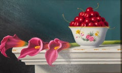 W.C. Nowell, "Cherries and Calla Lilies", 12x20 Floral Still Life Oil Painting