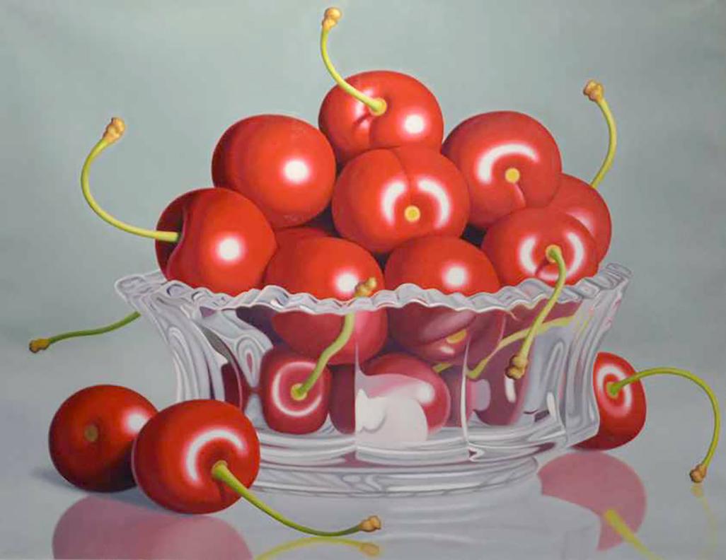 This fruit still life, "Cherries in Crystal Bowl", by artist W.C. Nowell is a 28x36 oil painting on canvas featuring a crystal bowl of bright red cherries with fallen cherries also on the table surrounding the bowl. The background is a soft
