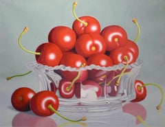 W.C. Nowell, "Cherries in Crystal Bowl", 28x36 Nature morte aux fruits, peinture à l'huile 