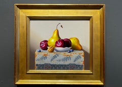 W.C. Nowell, "Pflaumen auf Volkskiste", 13x15 Obst-Stillleben Ölgemälde auf Karton