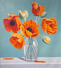 W.C. Nowell, "Poppies", 40x36 Orange Floral Crystal Vase Still Life Oil Painting