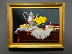 W.C. Nowell, "Silver Teapot", 22x30 Tea Still Life Flower Oil Painting on Board
