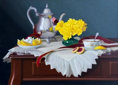 W.C. Nowell, "Silver Teapot", 22x30 Tea Still Life Flower Oil Painting on Board