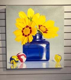 W.C. Nowell, "Divertimento estivo", 26x24 Vaso giallo floreale blu Natura morta di biglie