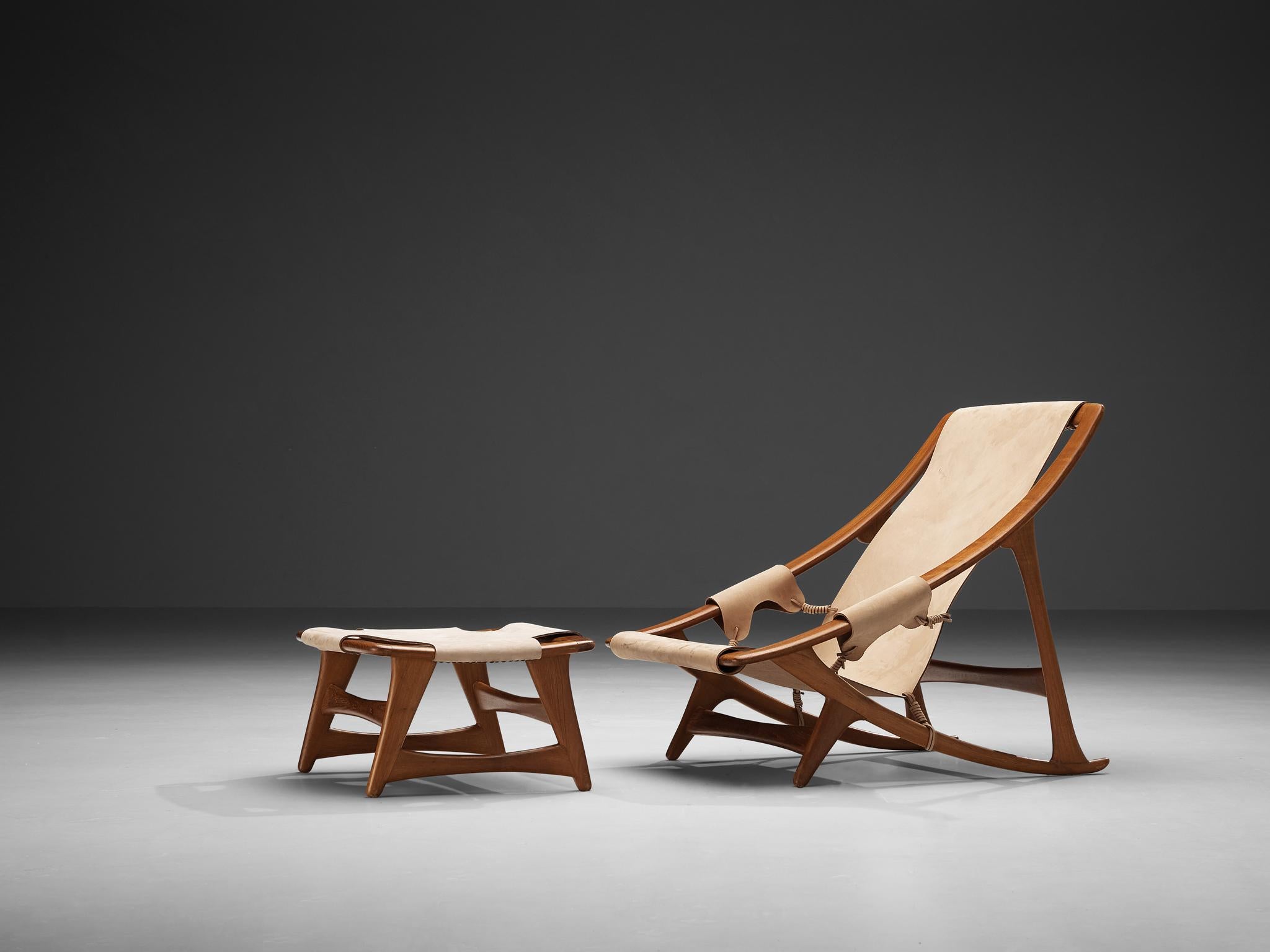W.D. Andersag, lounge chair and ottoman, wood, leather, Italy, 1960s.

Designed by W.D. Andersag in the 1960s, this exquisite armchair and ottoman embrace a dynamic aesthetic characterized by sharp lines within its wooden frame. Drawing inspiration