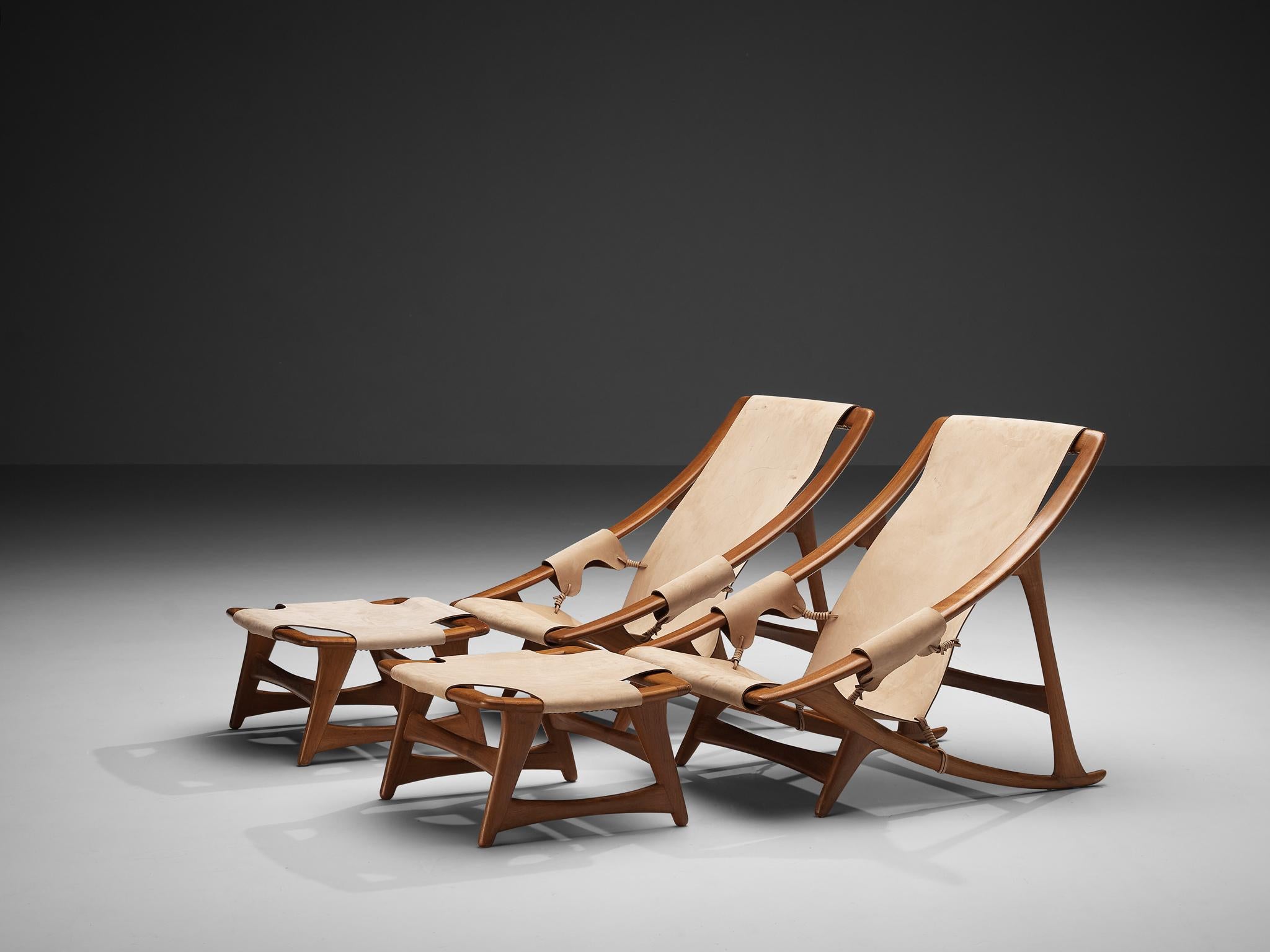 Mid-20th Century W.D. Andersag Lounge Chairs with Ottoman in Teak and Leather