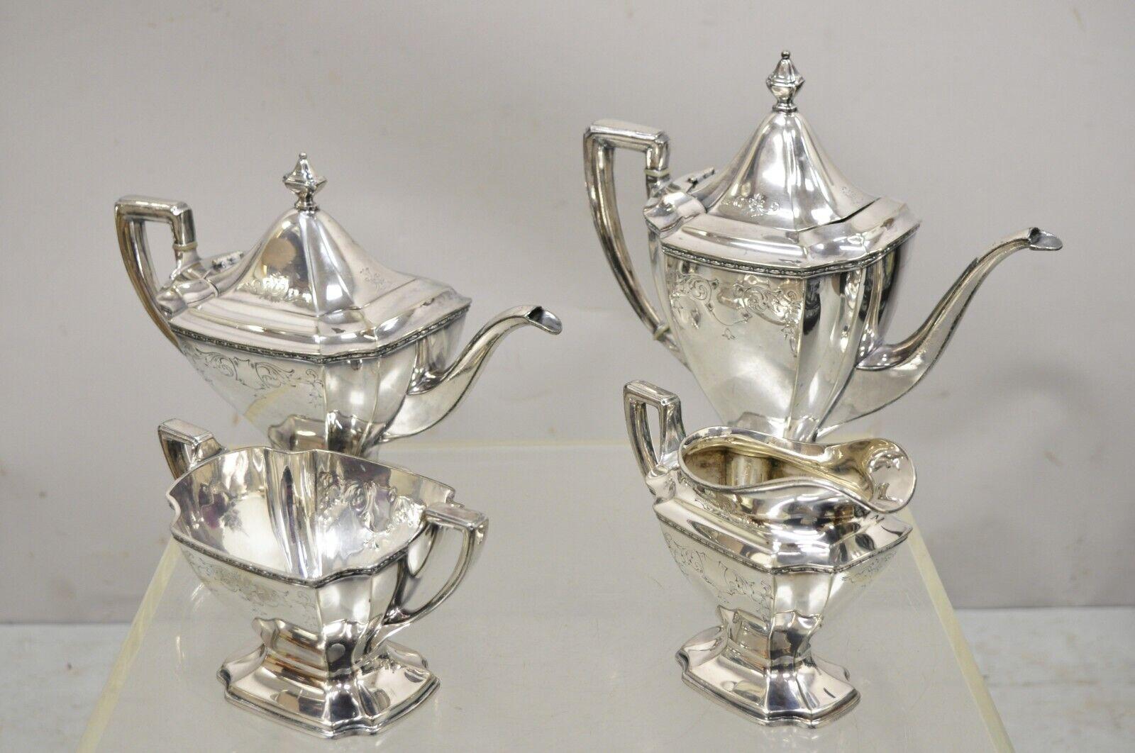 WD Smith Silver Co Chippendale EPNS Hepplewhite Silver Plated Tea Set, Pot, Creamer, Sugar - 4pcs. Item features (1) Creamer, (1) sugar bowl, (1) coffee pot, (1) tea pot, marked 