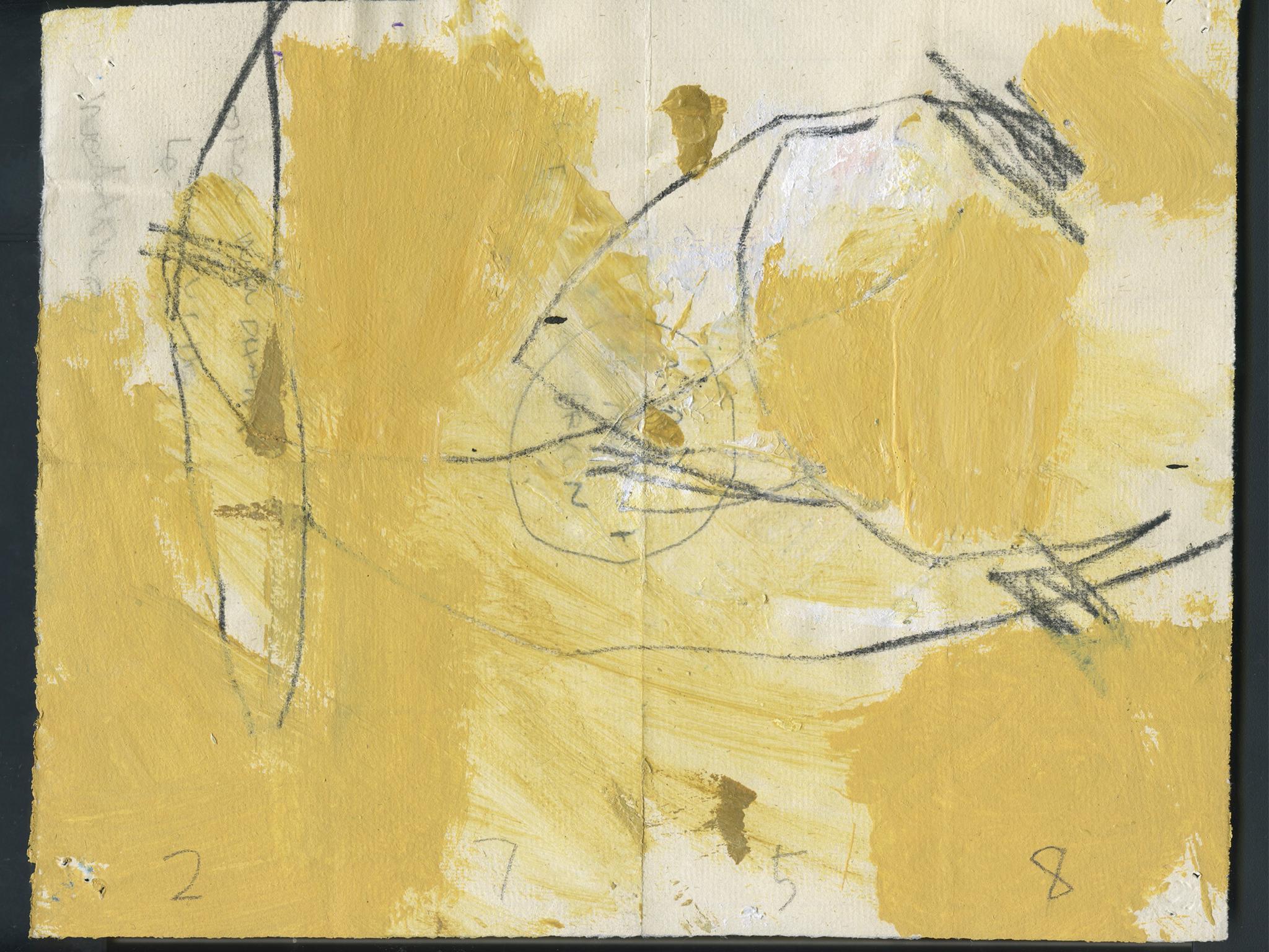 An energetic, richly hued abstract work on paper by the artist M.P. Landis. The artist's abstract paintings and works on paper are the type that take form through the artist's layering of materials. This drawing is from the artist's series