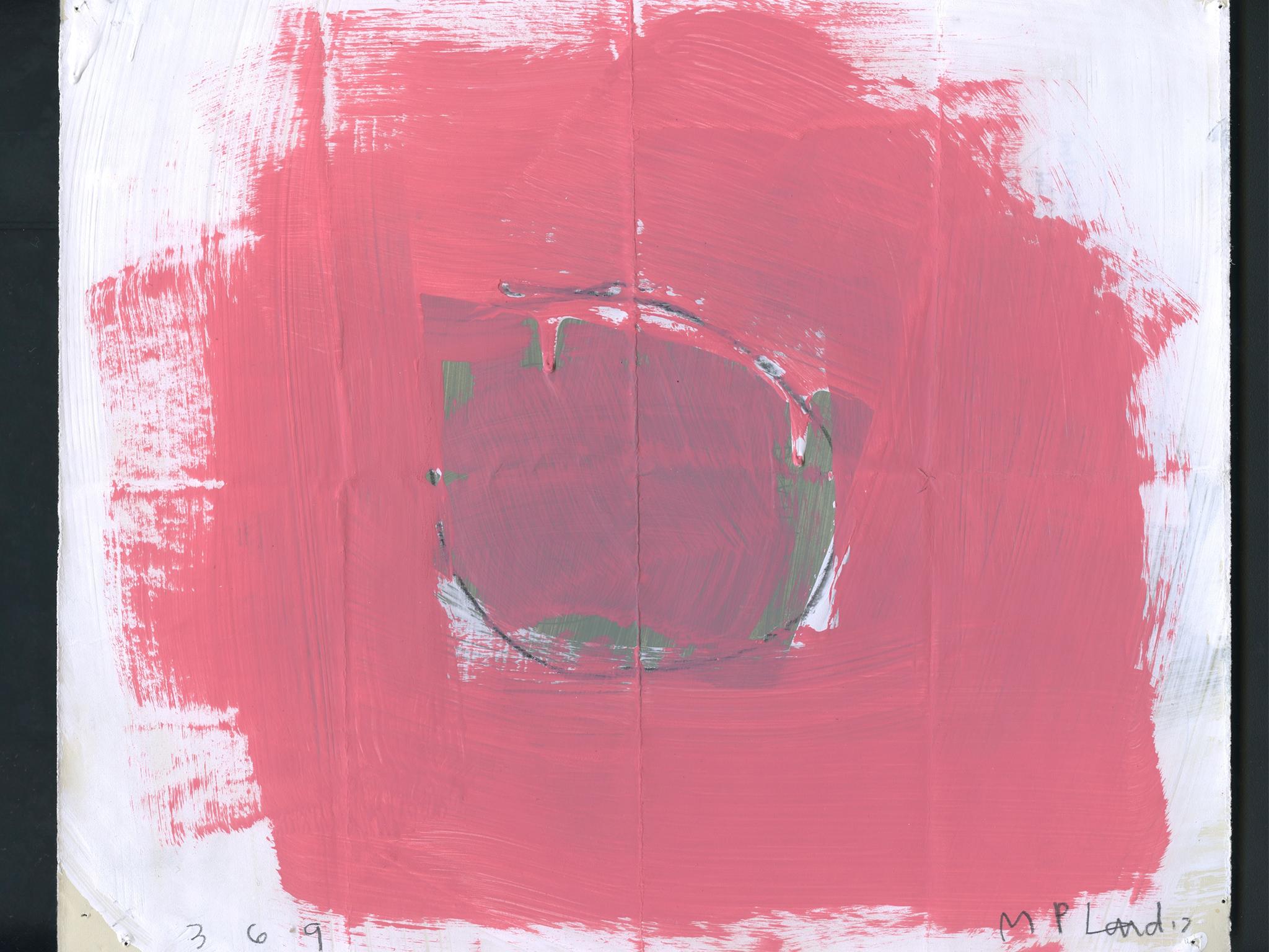 A richly-hued abstract work on paper by the artist M.P. Landis. The artist's abstract paintings and works on paper are the type that take form through the artist's layering of materials over time. This drawing is from the artist's series mixed-media