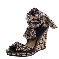 Etro Multicolor Satin and Leather Platform Wedge Tie Up Sandals Size 37