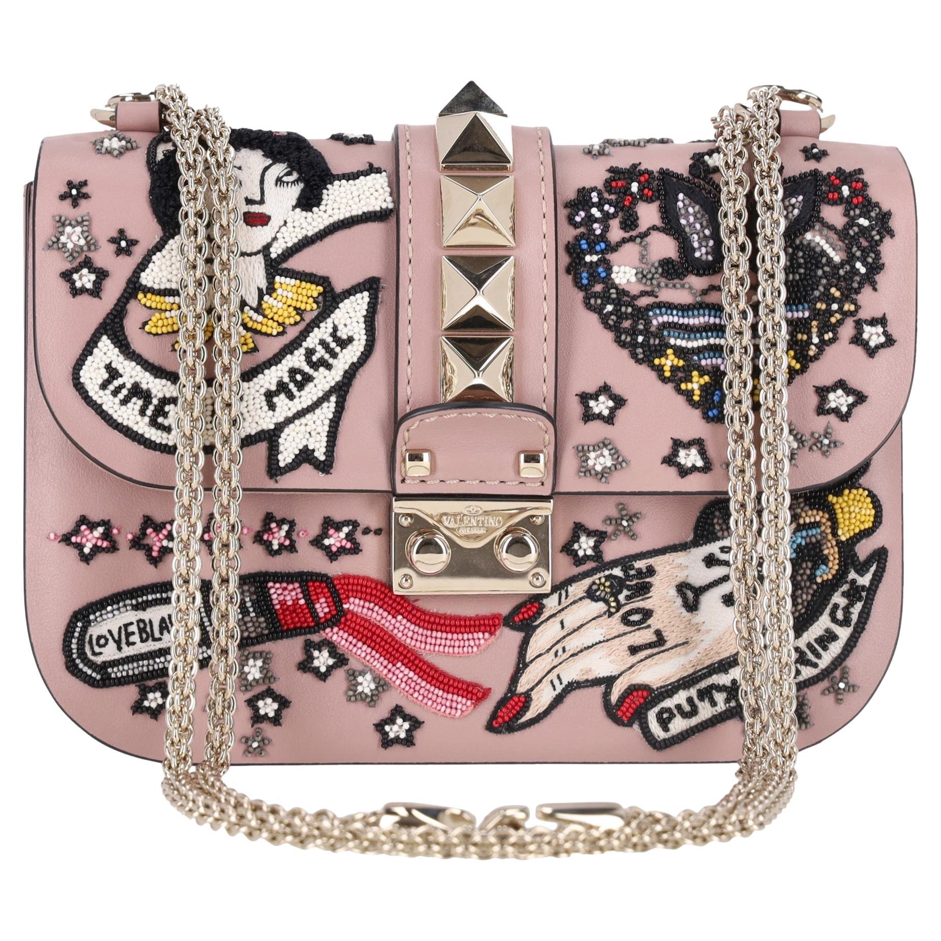 We Adore - Valentino Glam Lock Rockstud Cuir Tattoo Bead Embroidered Shoulder en vente