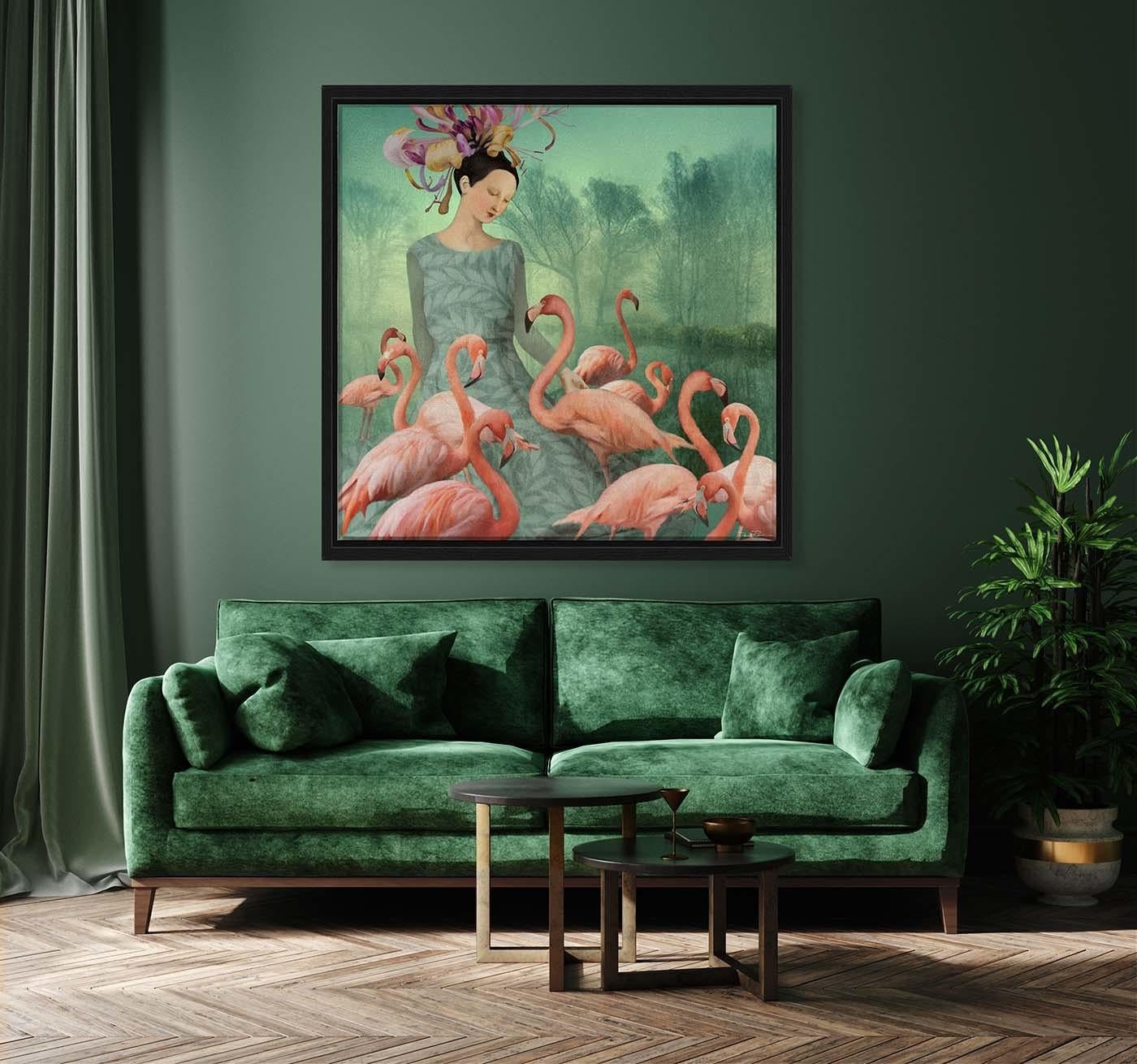 A woman with a flower headdress is immersed in a dreamy atmosphere. The swamp, gray and ashen, is now behind her and she smiles as she caresses dreams of pink flamingos. This limited edition digital piece is made by assembling photographs and