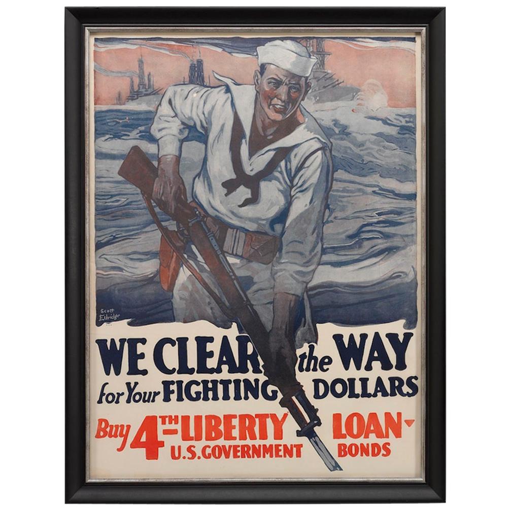 U.S. Navy WWI Poster "We Clear the Way for Your Fighting Dollars, " 1918 For Sale