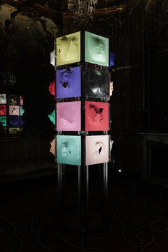 WE WILL BE LIGHT, totem hexagon sculpture in csast painted alluminium and steel