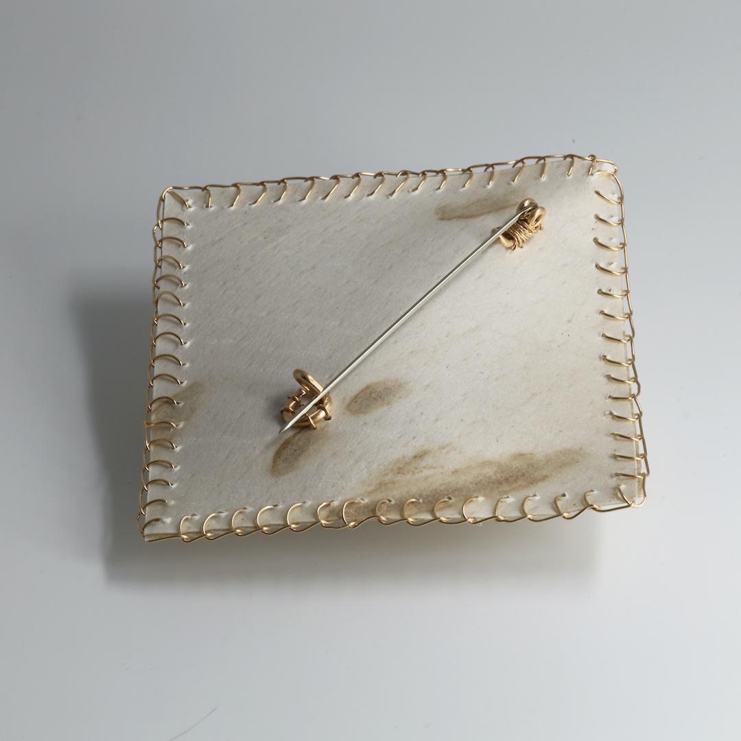 Wearable Art Brooch, vintage perfume bottle on deer parchment, by the artist For Sale 6