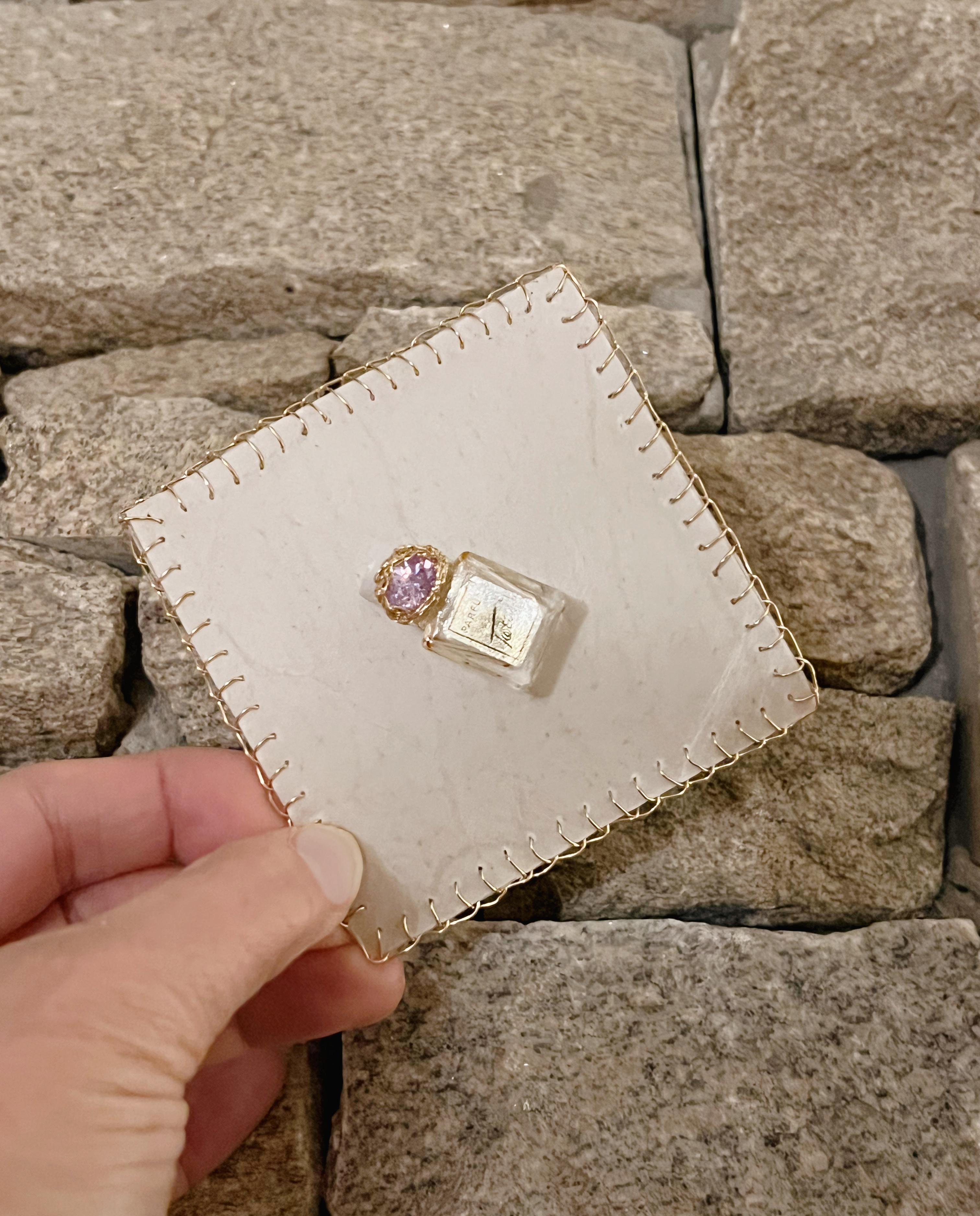 Artist Wearable Art Brooch, vintage perfume bottle on deer parchment, by the artist For Sale