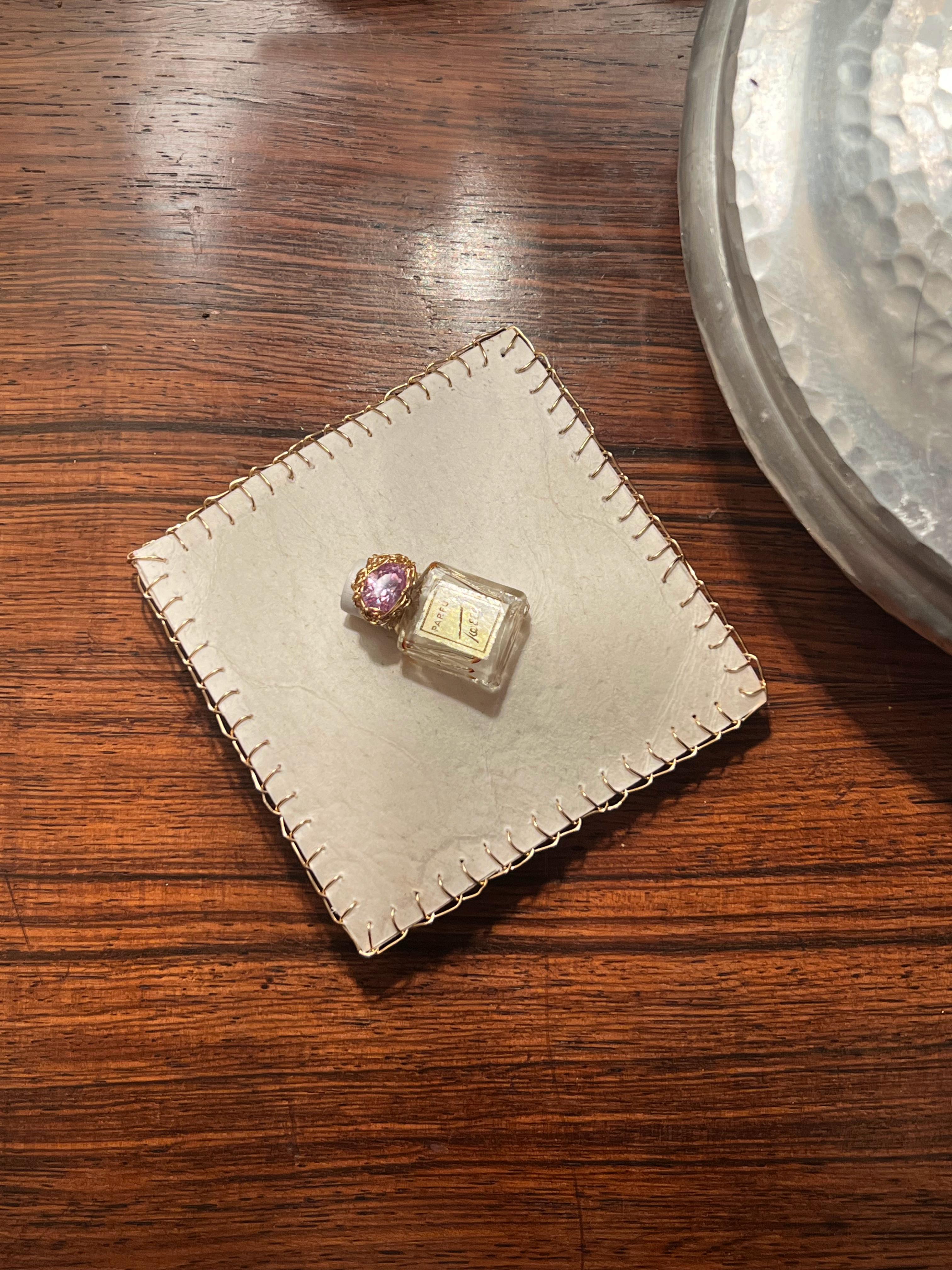 Wearable Art Brooch, vintage perfume bottle on deer parchment, by the artist For Sale 1