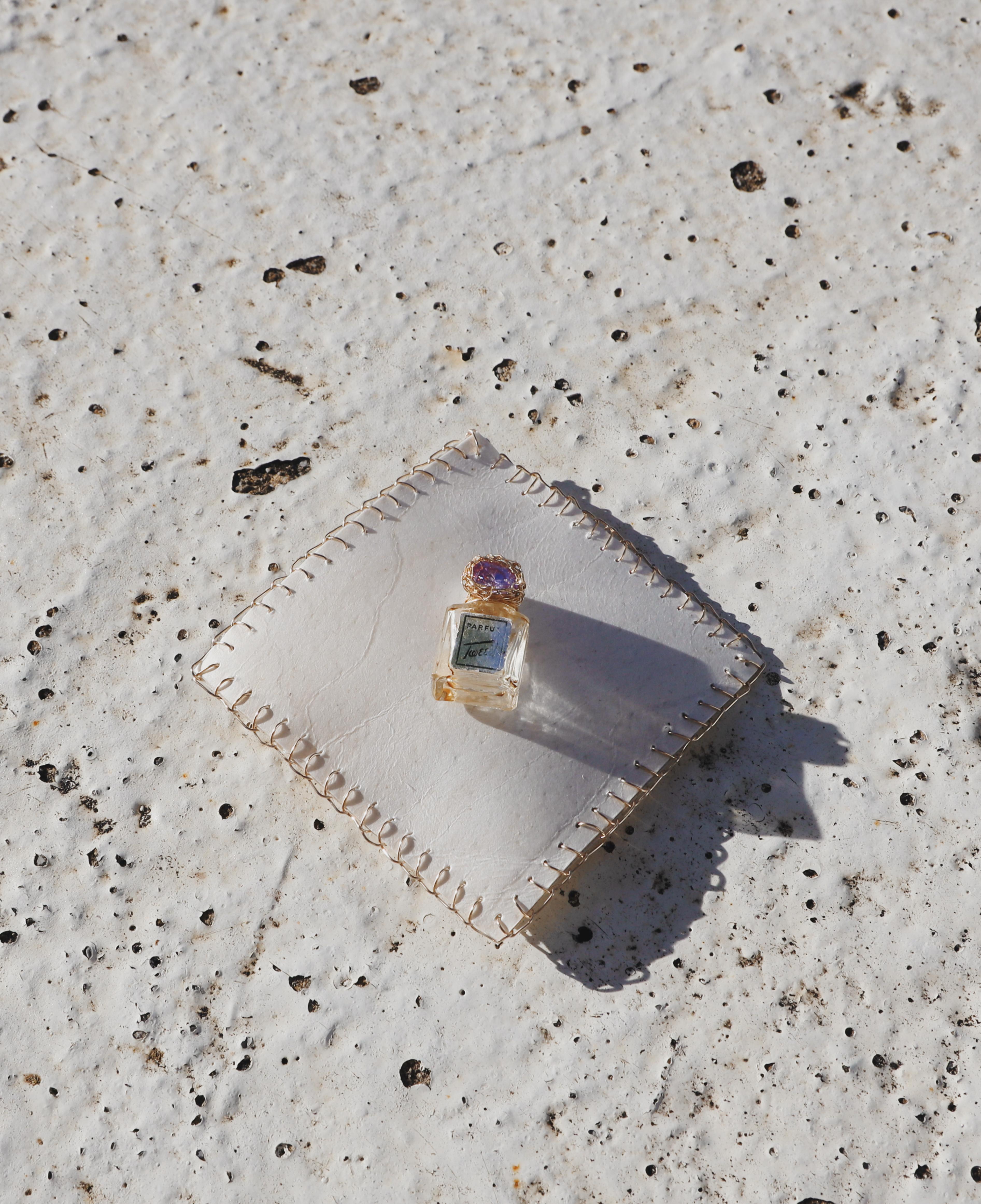 Wearable Art Brooch, vintage perfume bottle on deer parchment, by the artist For Sale 2