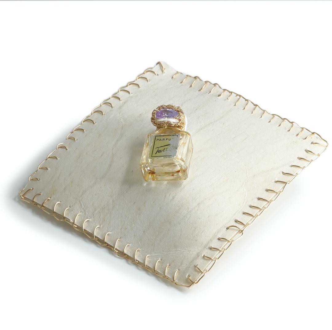 Wearable Art Brooch, vintage perfume bottle on deer parchment, by the artist For Sale 4