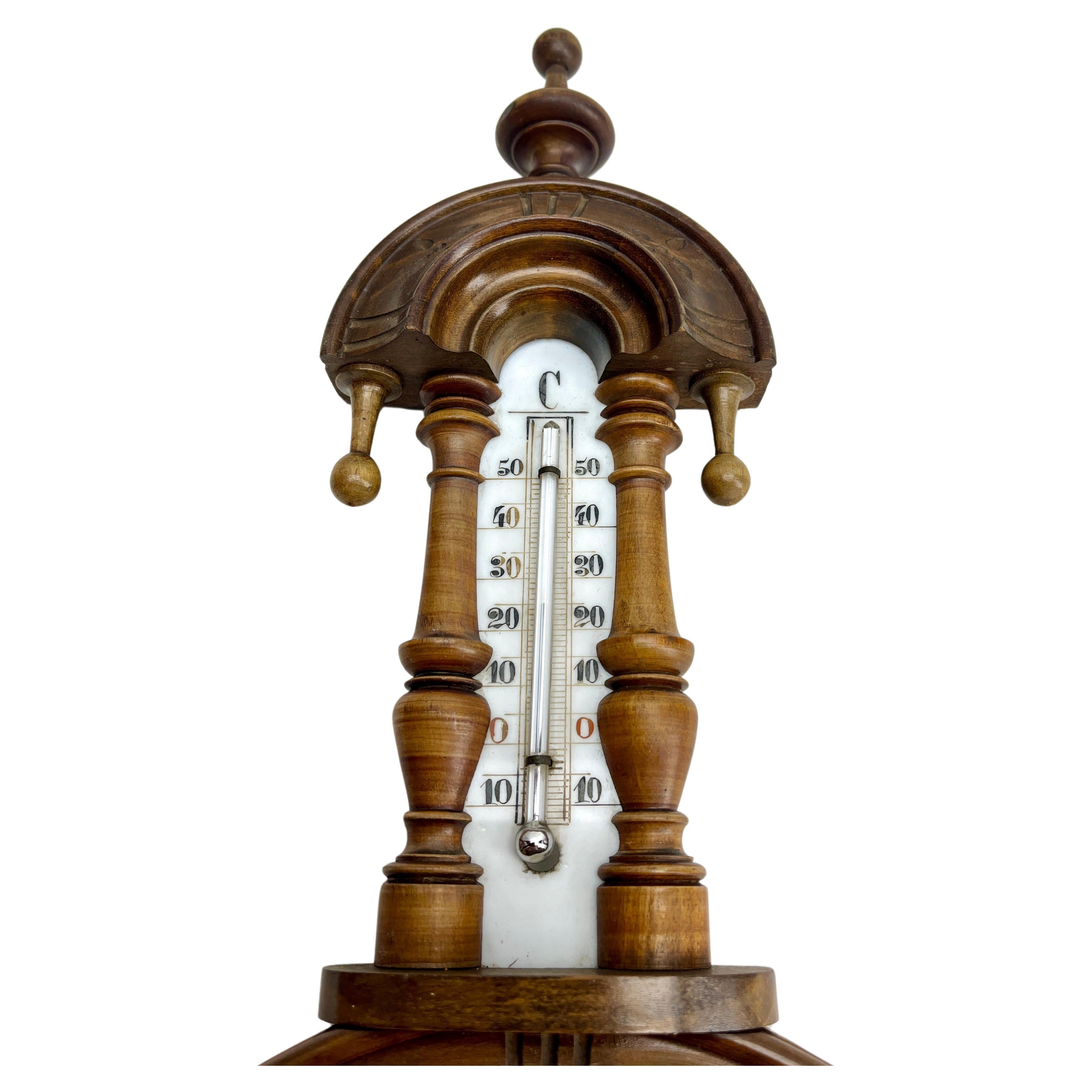 Weather Station in Art Nouveau Style Carved Walnut C. Engel & Cie  Verviers For Sale 3
