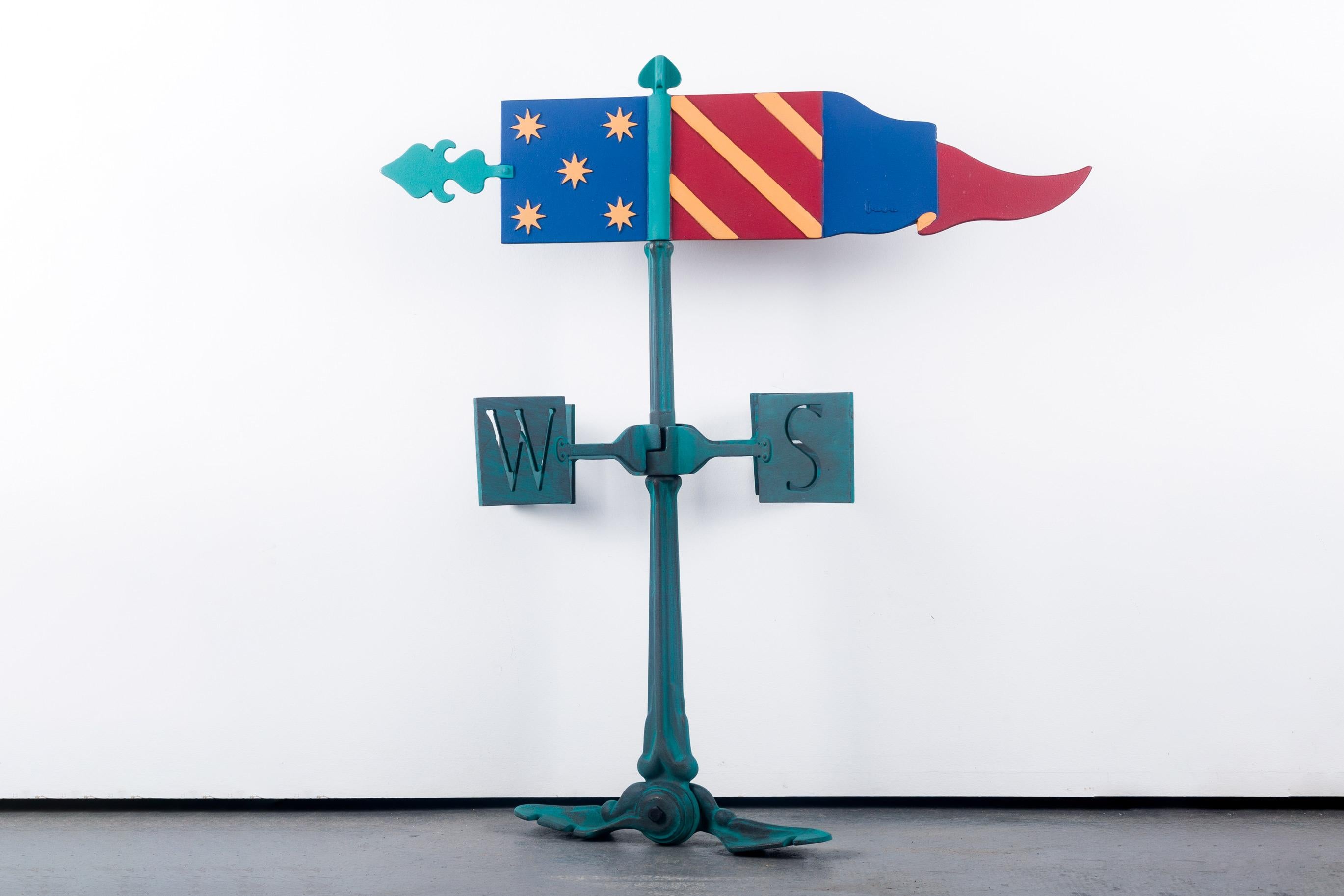 Very rare Michael Graves weather vane for the Markuse Corp, USA. New in box with manual. Cast aluminum painted in blue, yellow, red and celadon.

The Markuse Corporation is well known in the postmodern field for their remarkable mailboxes created