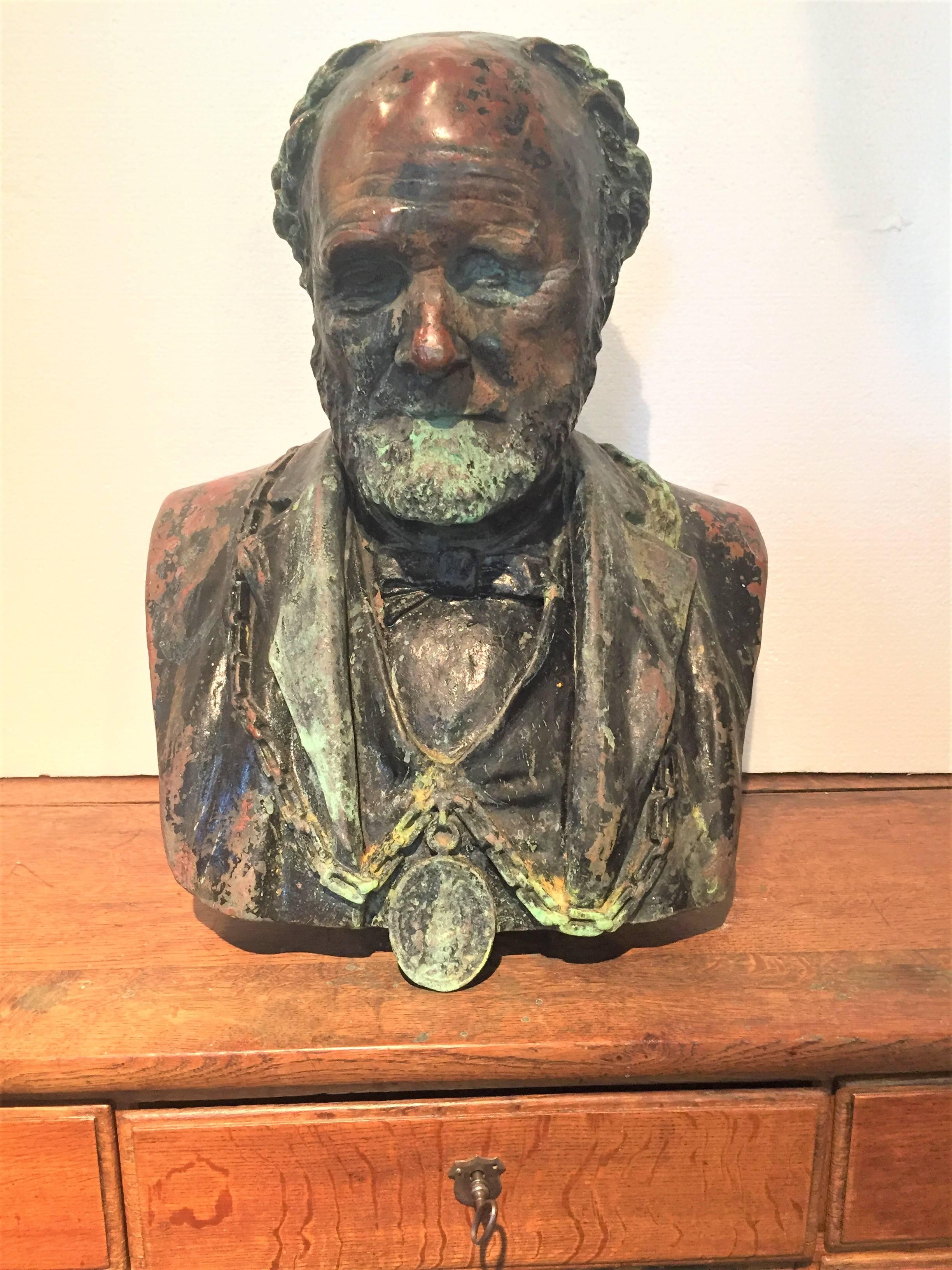 Weathered and Partial Paint Bronze Bust of a Man 6