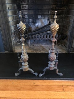 Weathered Antique Andirons with Swirly Finials