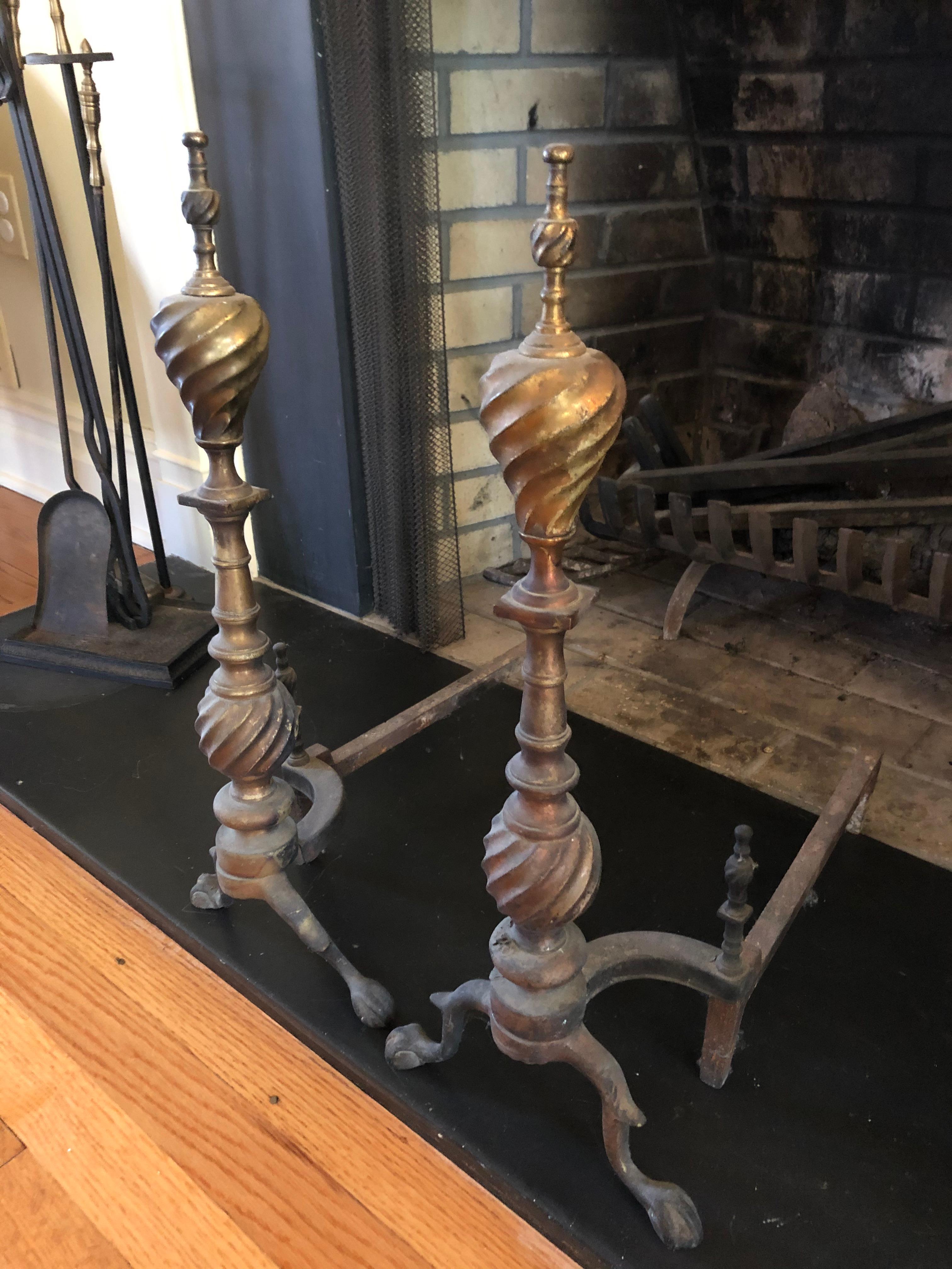 American Weathered Antique Andirons with Swirly Finials For Sale