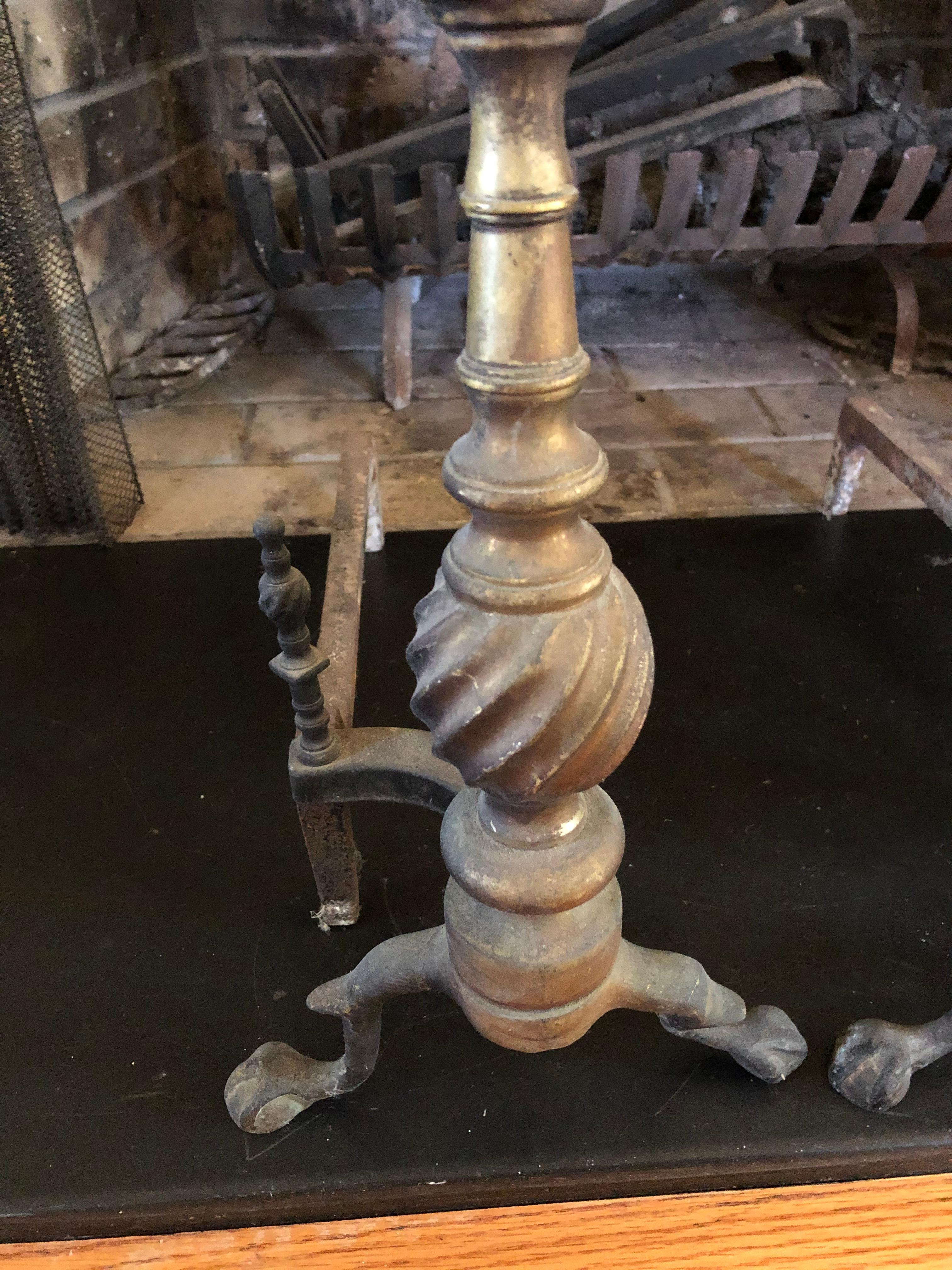 Weathered Antique Andirons with Swirly Finials In Good Condition For Sale In Hopewell, NJ