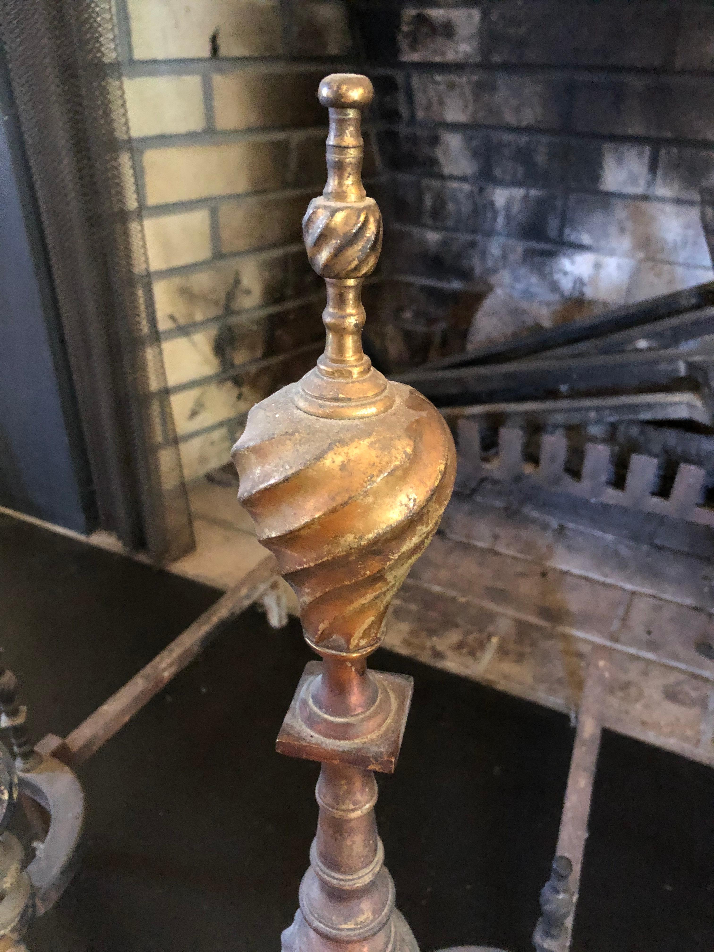 Brass Weathered Antique Andirons with Swirly Finials For Sale