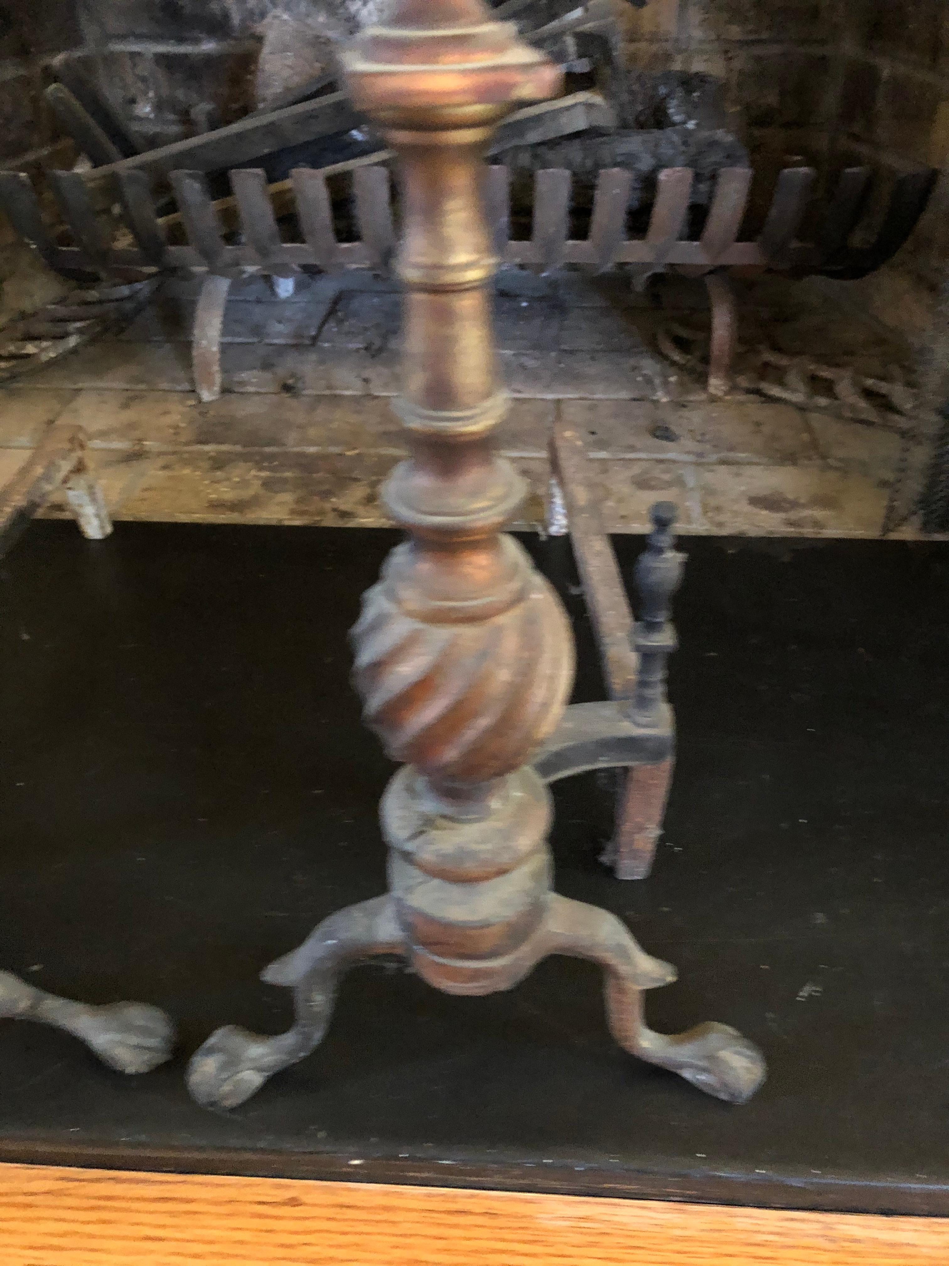 Weathered Antique Andirons with Swirly Finials For Sale 1