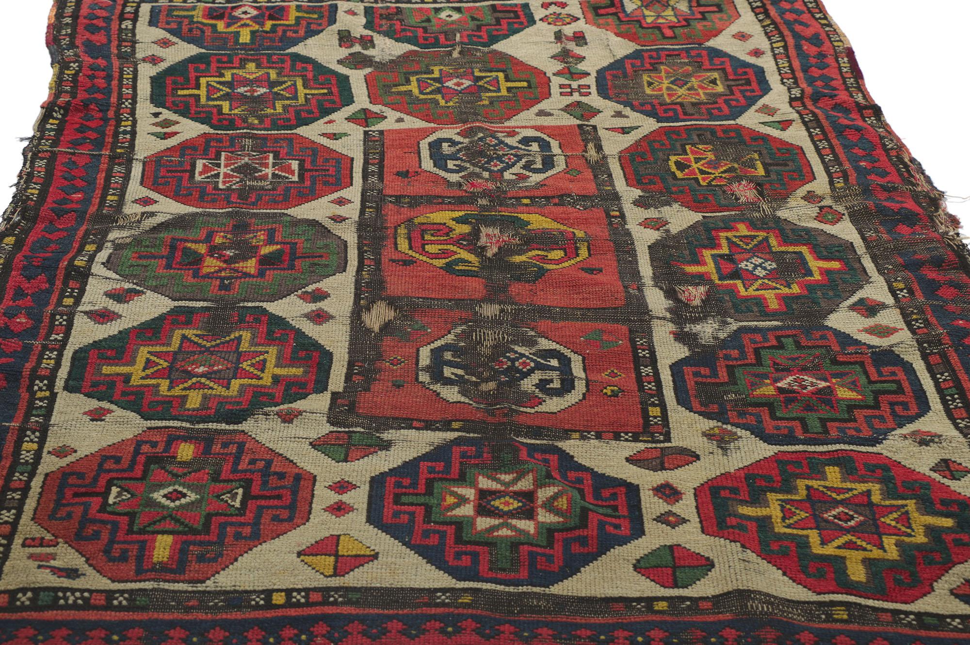 Weathered Antique Caucasian Kazak Distressed Rug with Tribal Style In Distressed Condition For Sale In Dallas, TX