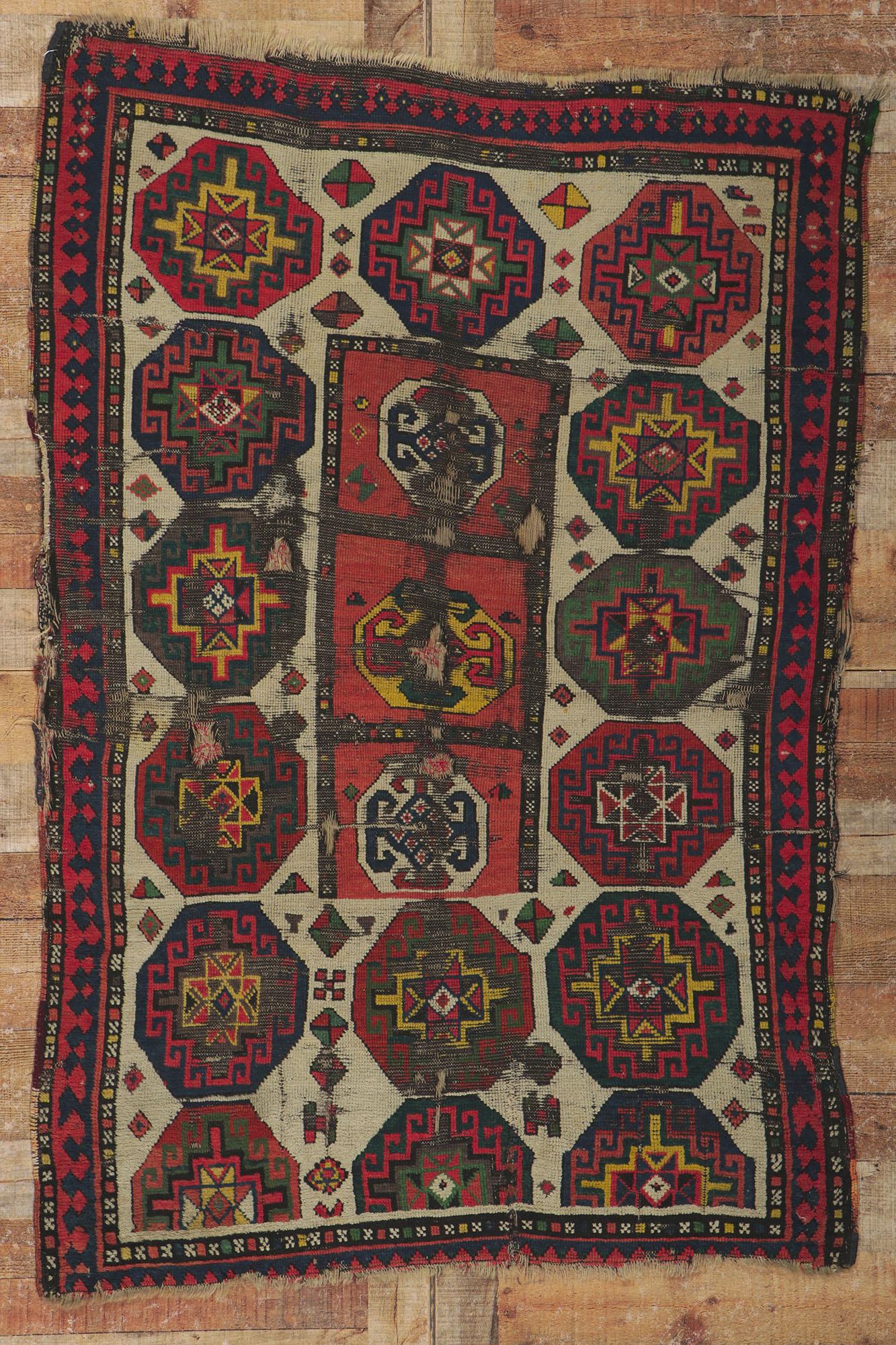 Weathered Antique Caucasian Kazak Distressed Rug with Tribal Style For Sale 2