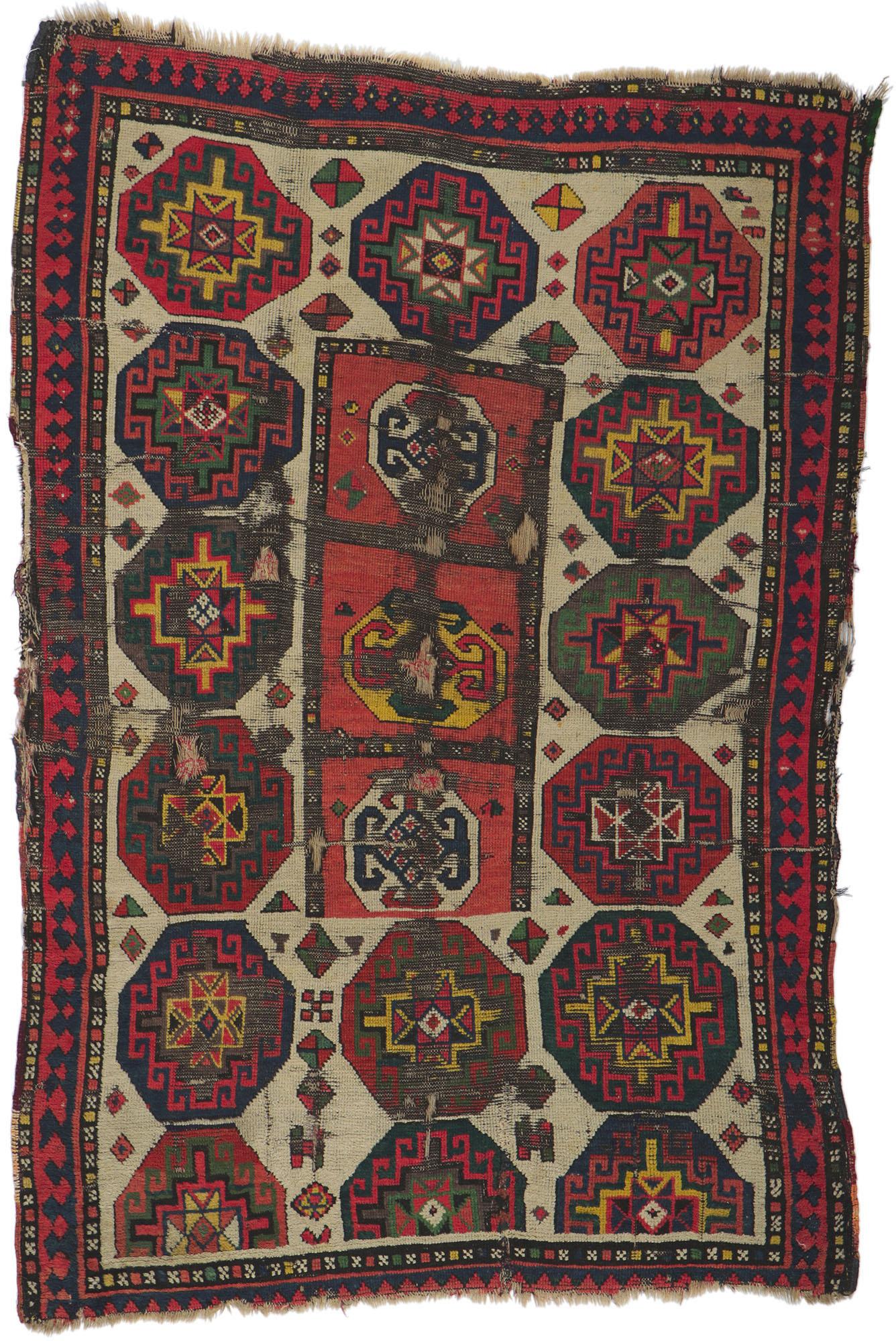 Weathered Antique Caucasian Kazak Distressed Rug with Tribal Style For Sale 3