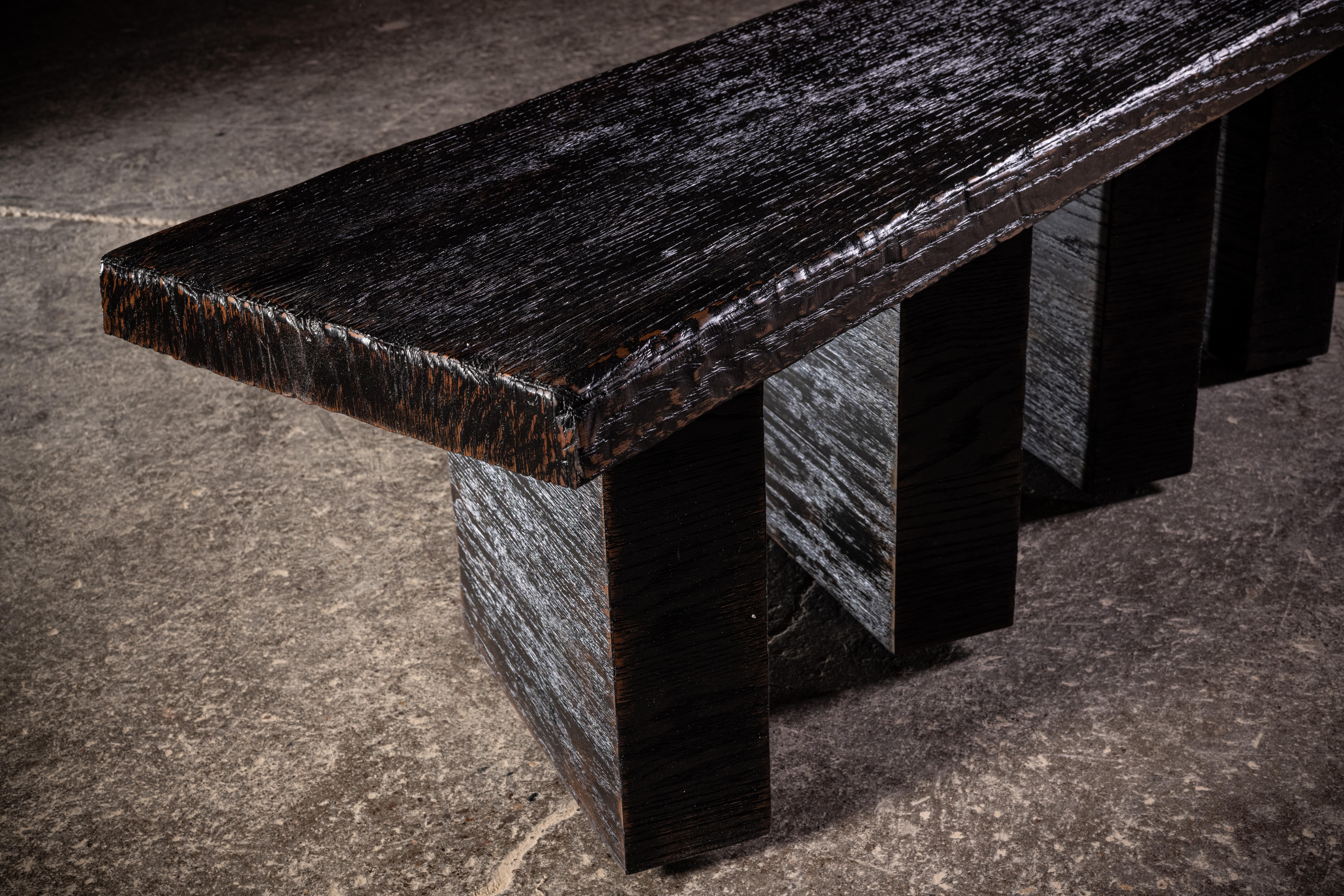 Post-Modern Weathered Black Oak Bench For Sale
