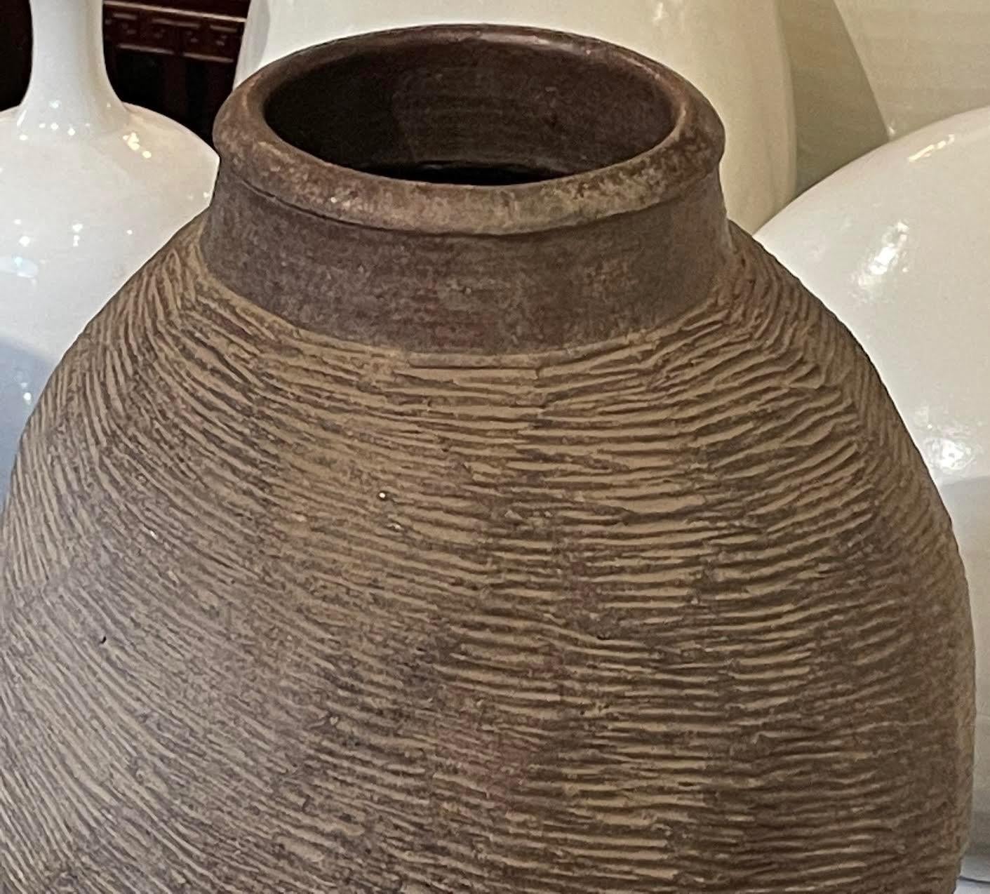 Weathered Brown Rib Textured Earthenware Vase, China, Contemporary In New Condition In New York, NY